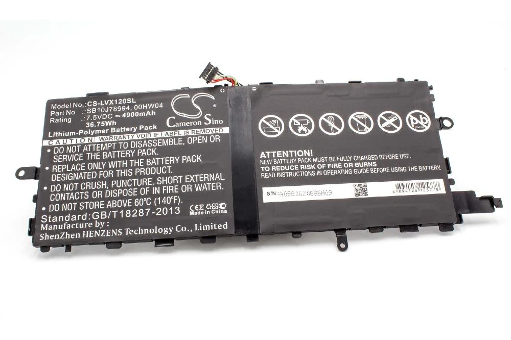 Batterie remplace Lenovo 00HW04, 00HW044, 00HW045, 00HW046, SB10J78993 tablette - 4900mAh 7,5V Li-polymère