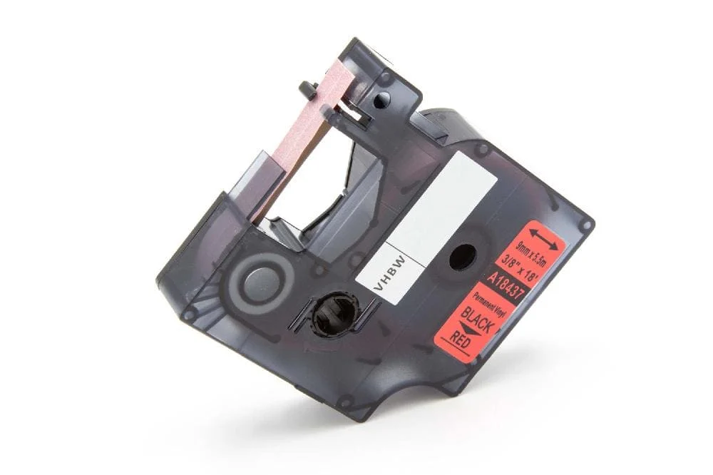 Cassette à ruban remplace Dymo 18437 - 9mm lettrage Noir ruban Rouge, vinyle, plastique