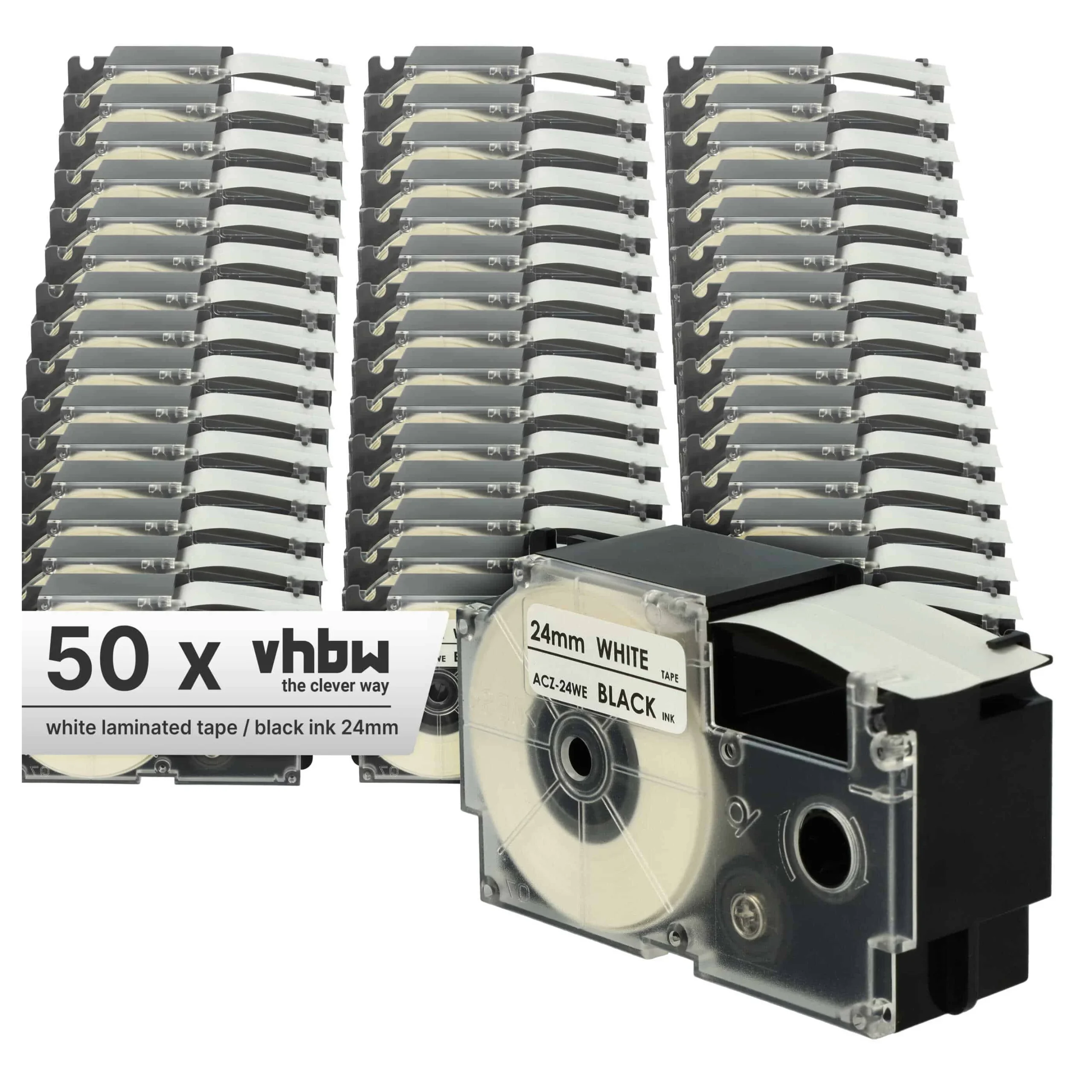50x Cassettes à ruban remplacent Casio XR-24WE, XR-24WE1 - 24mm lettrage Noir ruban Blanc, plastique