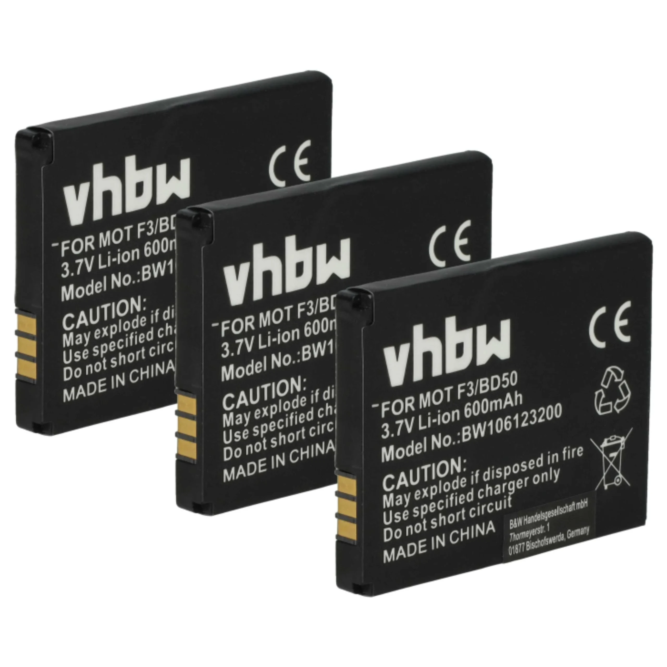 3x Batteries remplace AVM BAK130506, 312BAT006, 100402, 312BAT016 pour téléphone Motorola - 600mAh 3,7V Li-ion