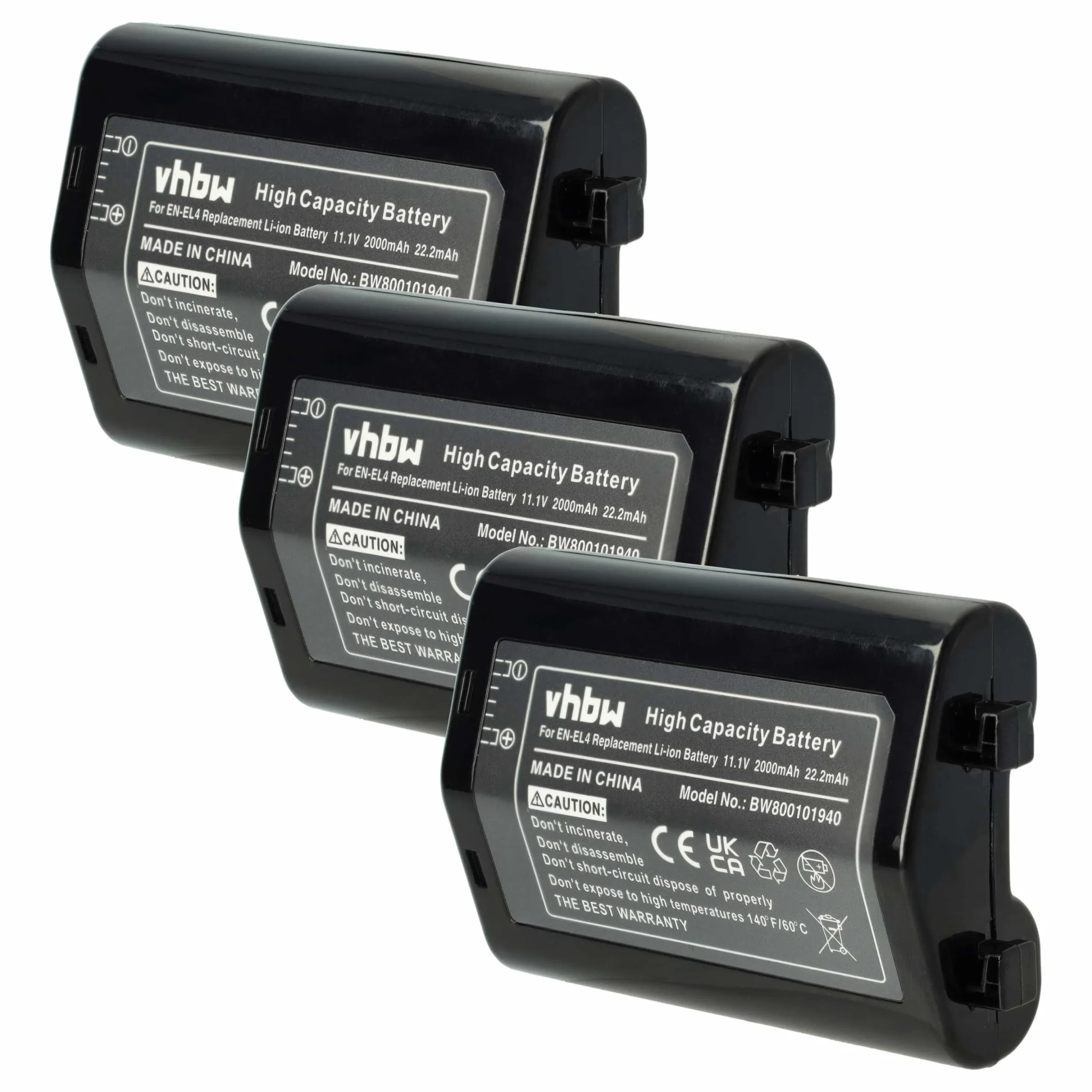 3x Batteries remplace Nikon EN-EL4, EN-EL4a pour appareil photo Nikon- 2000mAh 11,1V Li-ion