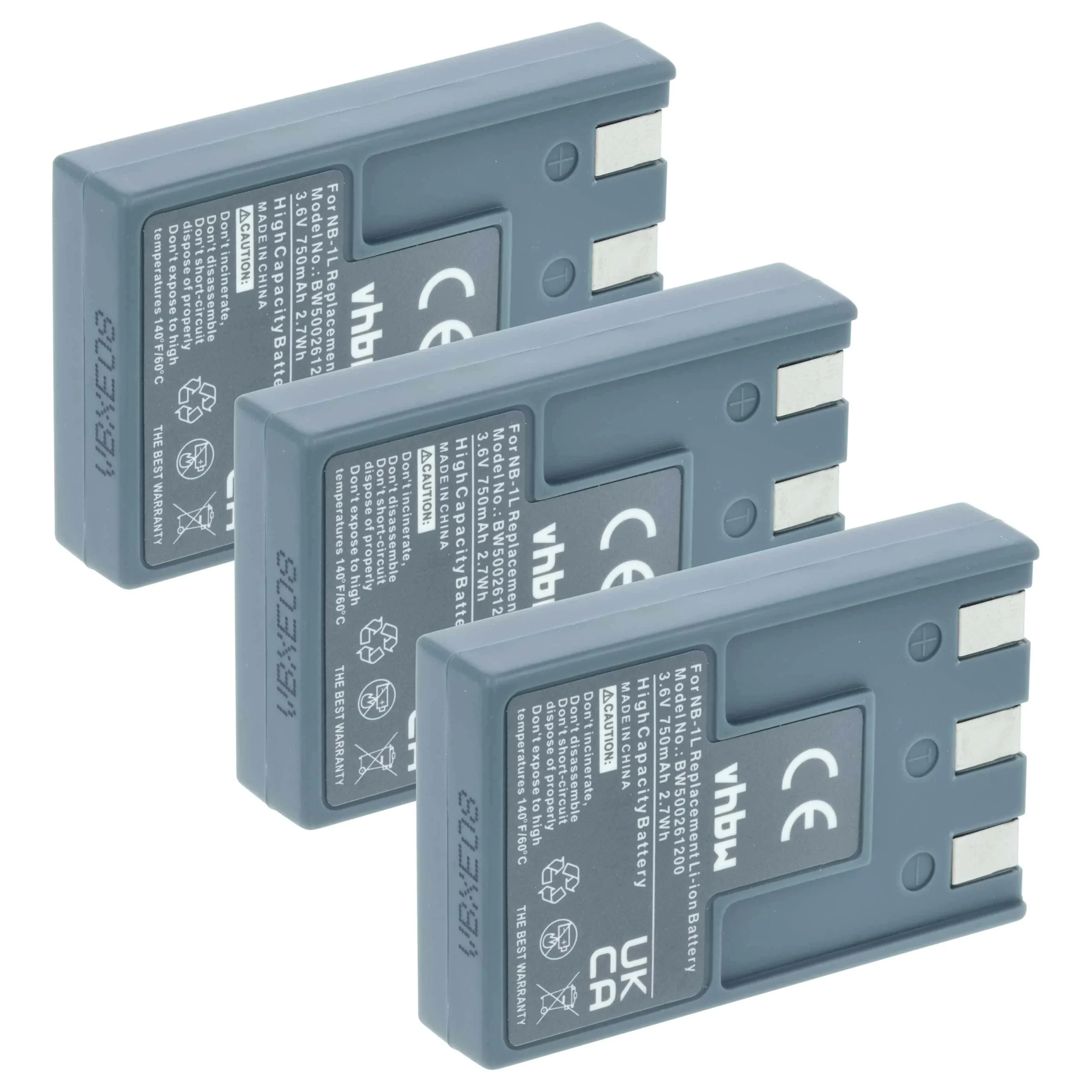 3x Batteries remplace Canon NB-1LH, NB-1L pour appareil photo Canon- 750mAh 3,6V Li-ion