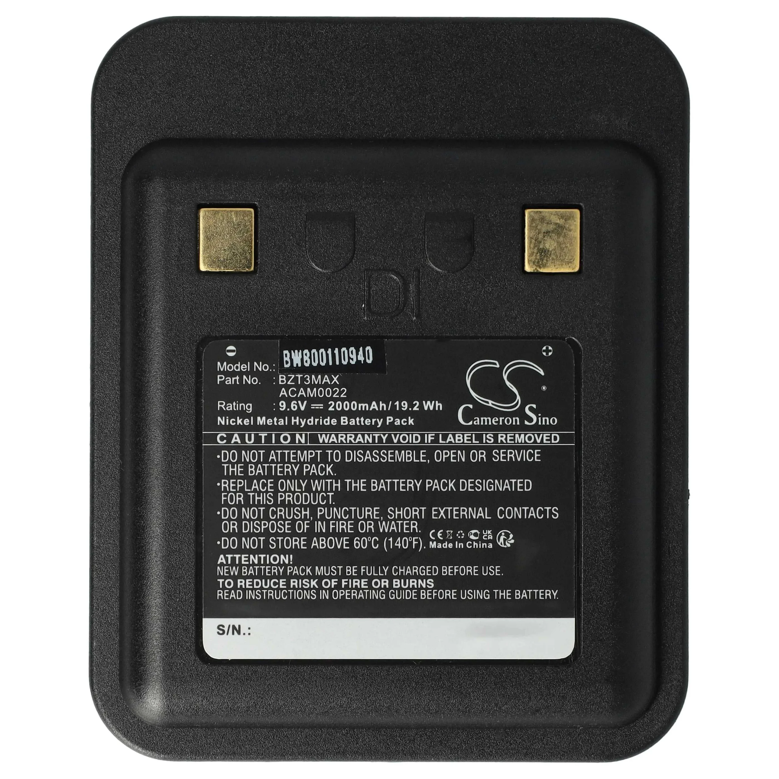 Batterie remplace BZT3MAX, ACAM0022, T3Ni00688 pour appareil médical Bullard Heiman - 2000mAh 9,6V NiMH