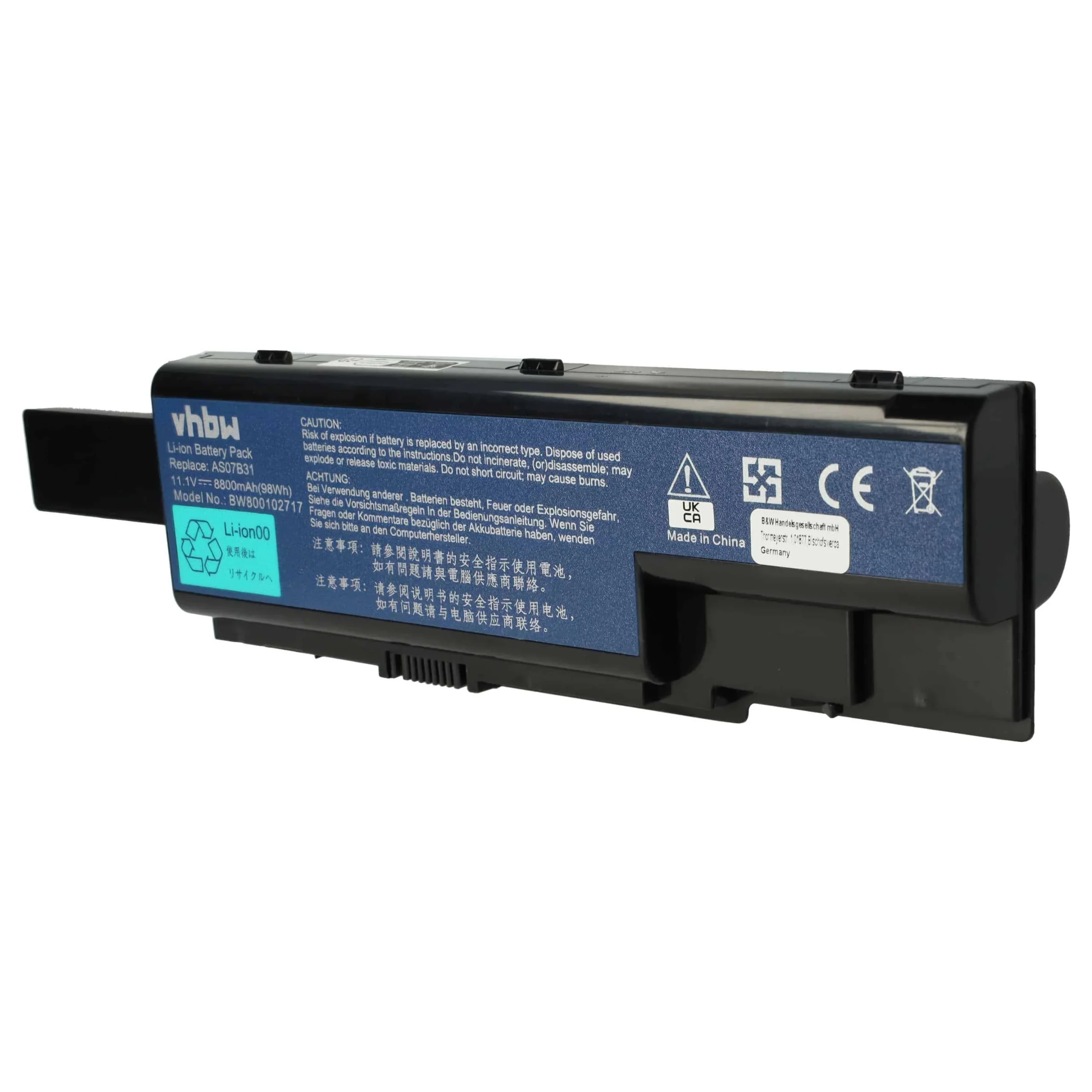 Batterie remplace Acer 01AS-2007B, AK.006BT.019 pour ordinateur portable Gateway- 8800mAh 11,1V Li-ion, noir