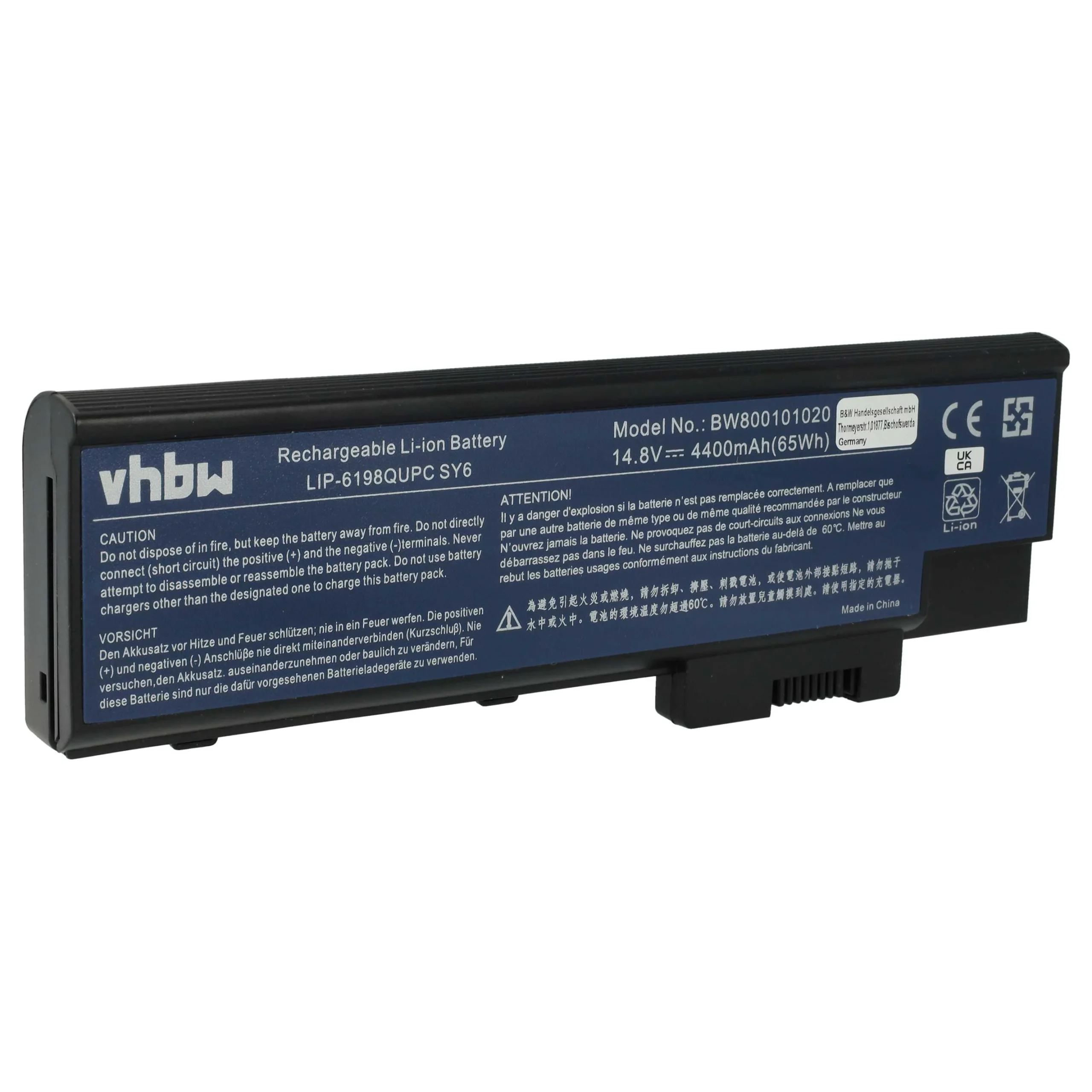 Batterie remplace Acer 3UR18650Y-2-QC236 pour ordinateur portable Acer- 4400mAh 14,8V Li-ion, noir