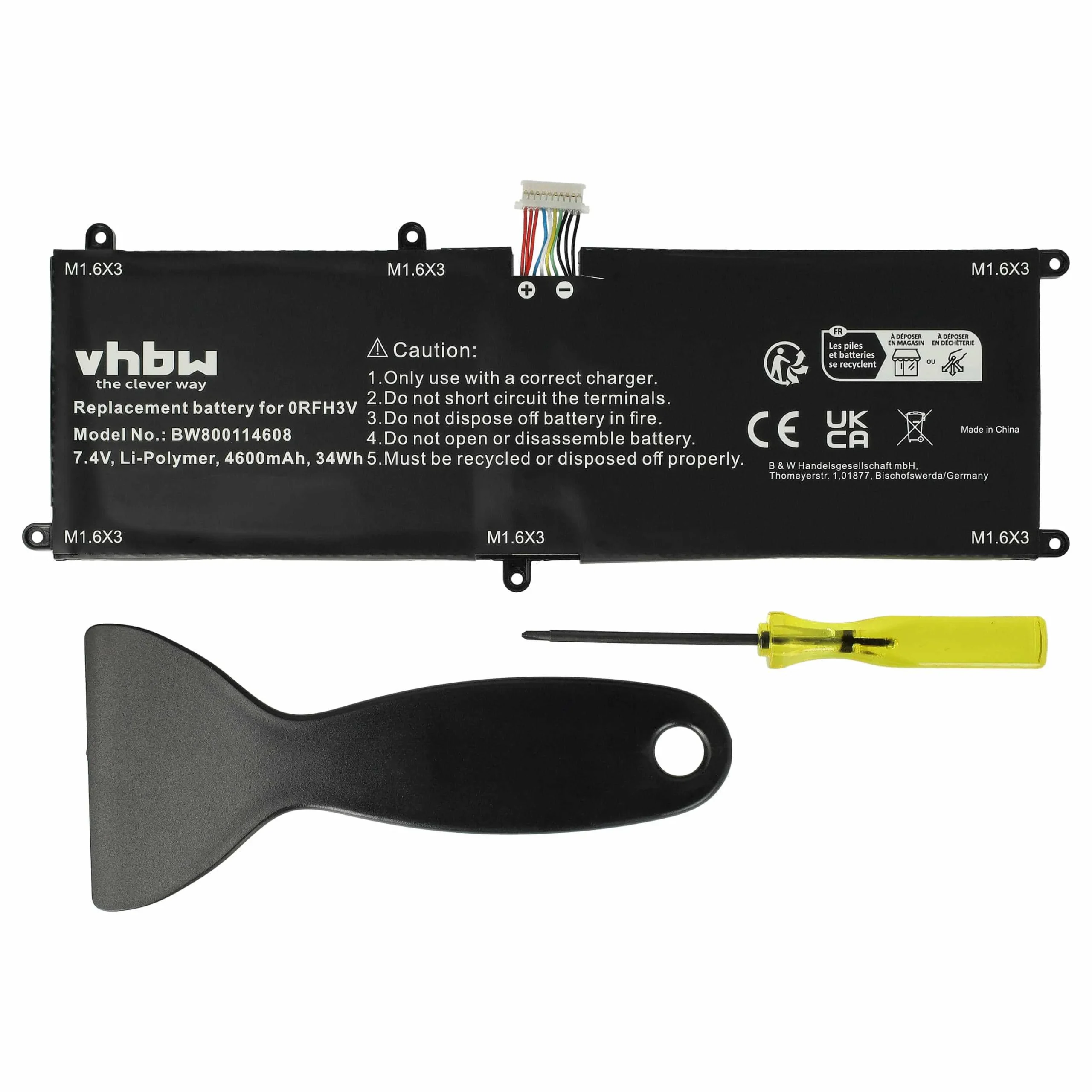 Batterie remplace Dell RFH3V, 0RFH3V, 0VHR5P pour ordinateur portable Dell- 4600mAh 7,4V Li-polymère, noir