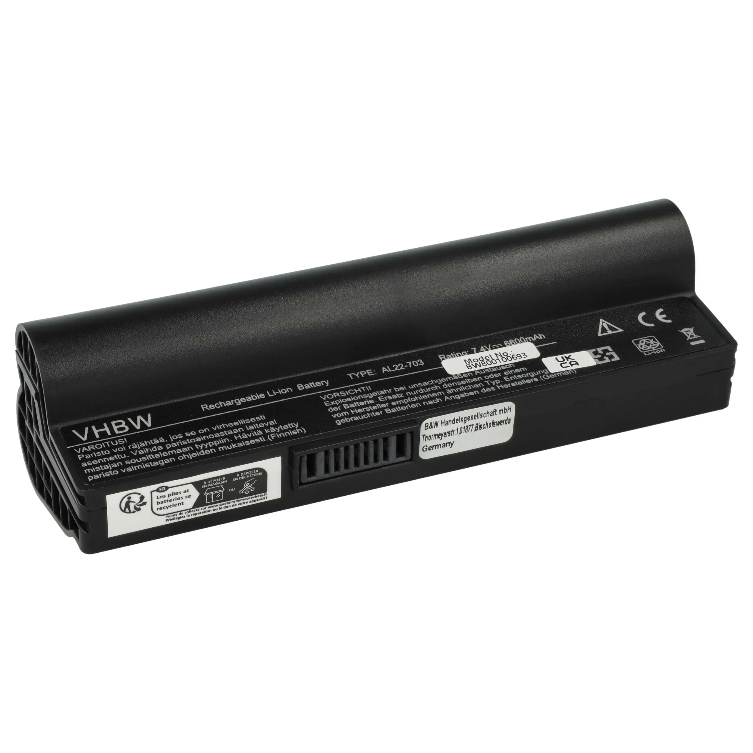 Batterie remplace Asus AL22-703 pour ordinateur portable Asus- 6600mAh 7,4V Li-ion, noir