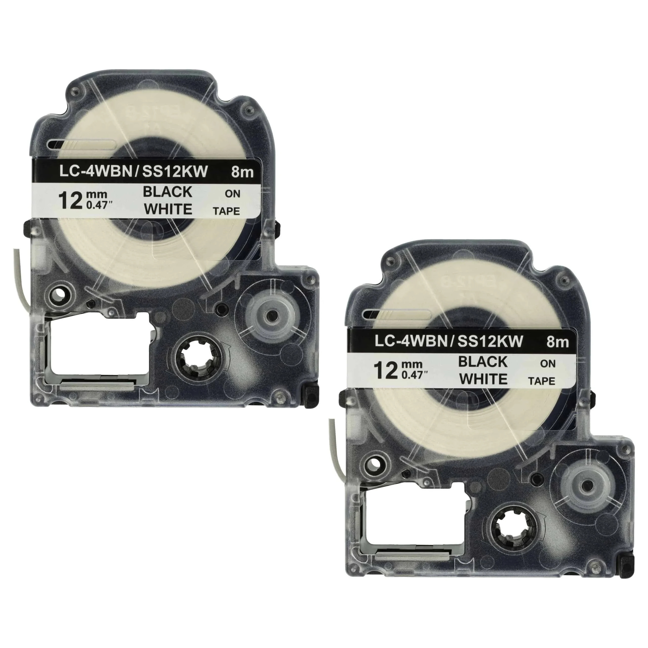 2x Cassettes à ruban remplacent Epson SS12KW, LC-4WBN - 12mm lettrage Noir ruban Blanc, plastique