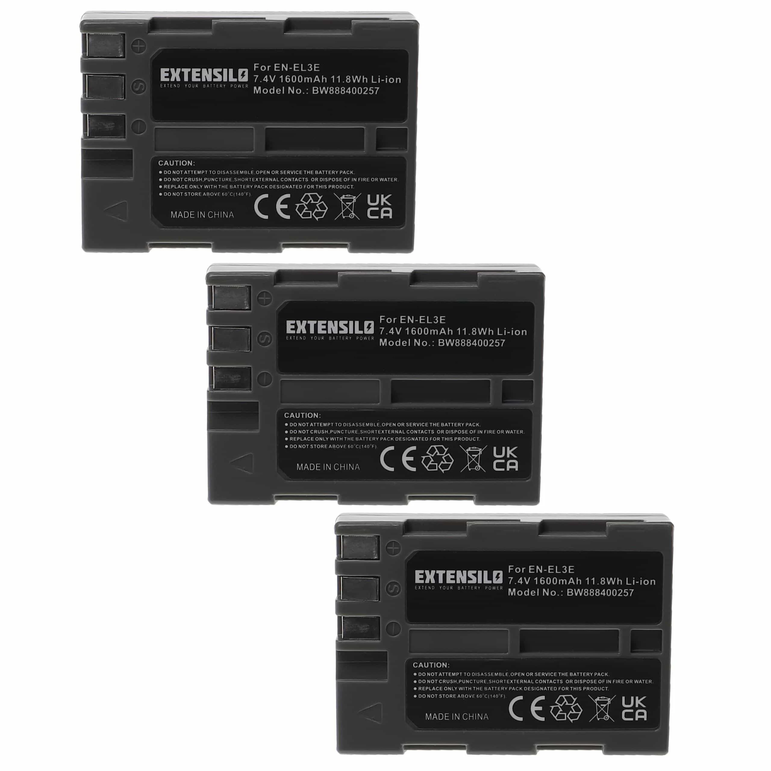 3x Batteries remplace Nikon EN-EL3e pour appareil photo Nikon- 1600mAh 7,4V Li-ion