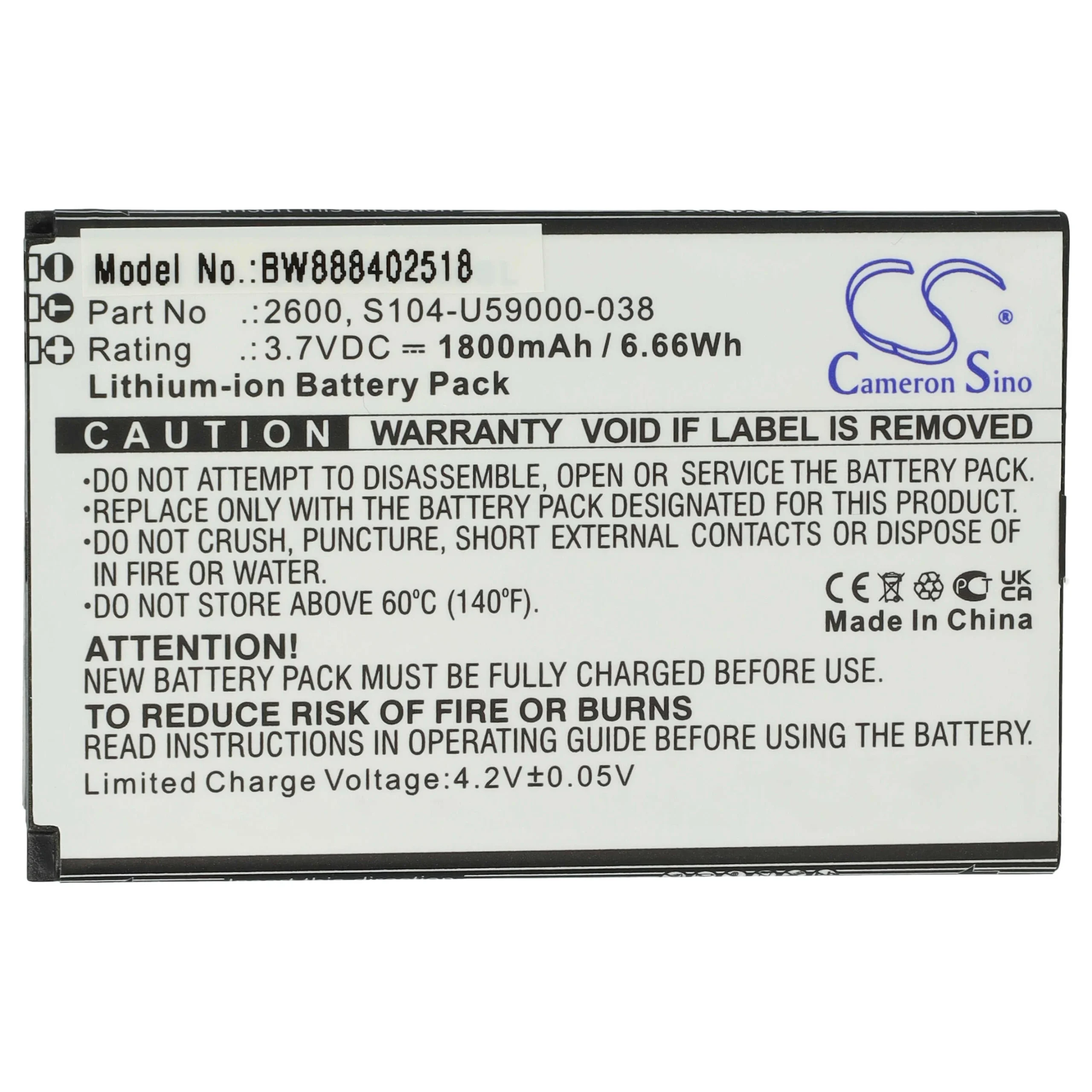 Batterie remplace Wiko 2600, S104-U59000-038 téléphone portable Wiko - 1800mAh 3,7V Li-ion