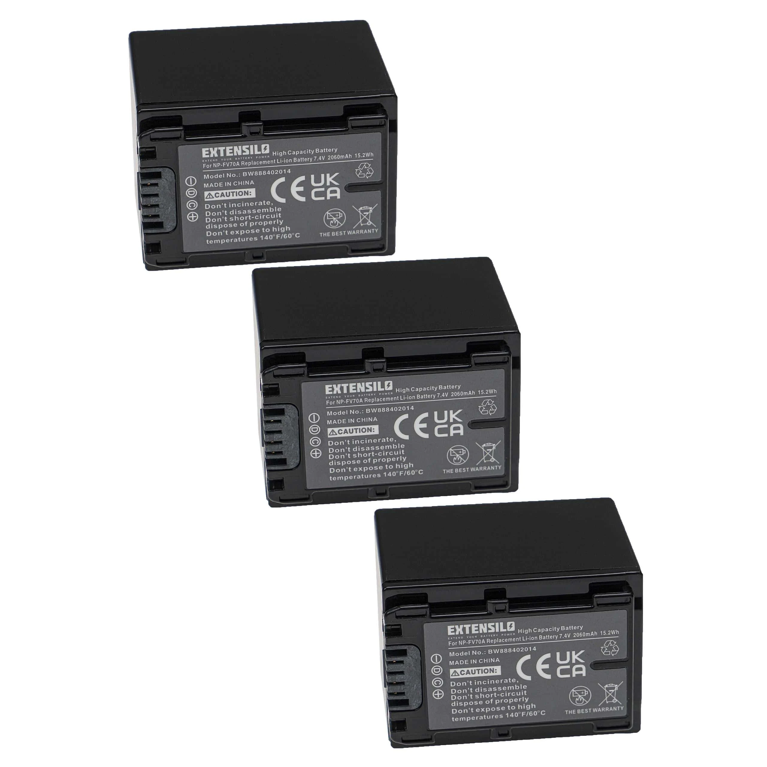3x Batteries remplace Sony NP-FV50, NP-FV100, NP-FV40, NP-FV30 pour appareil photo Sony- 2060mAh 7,4V Li-ion
