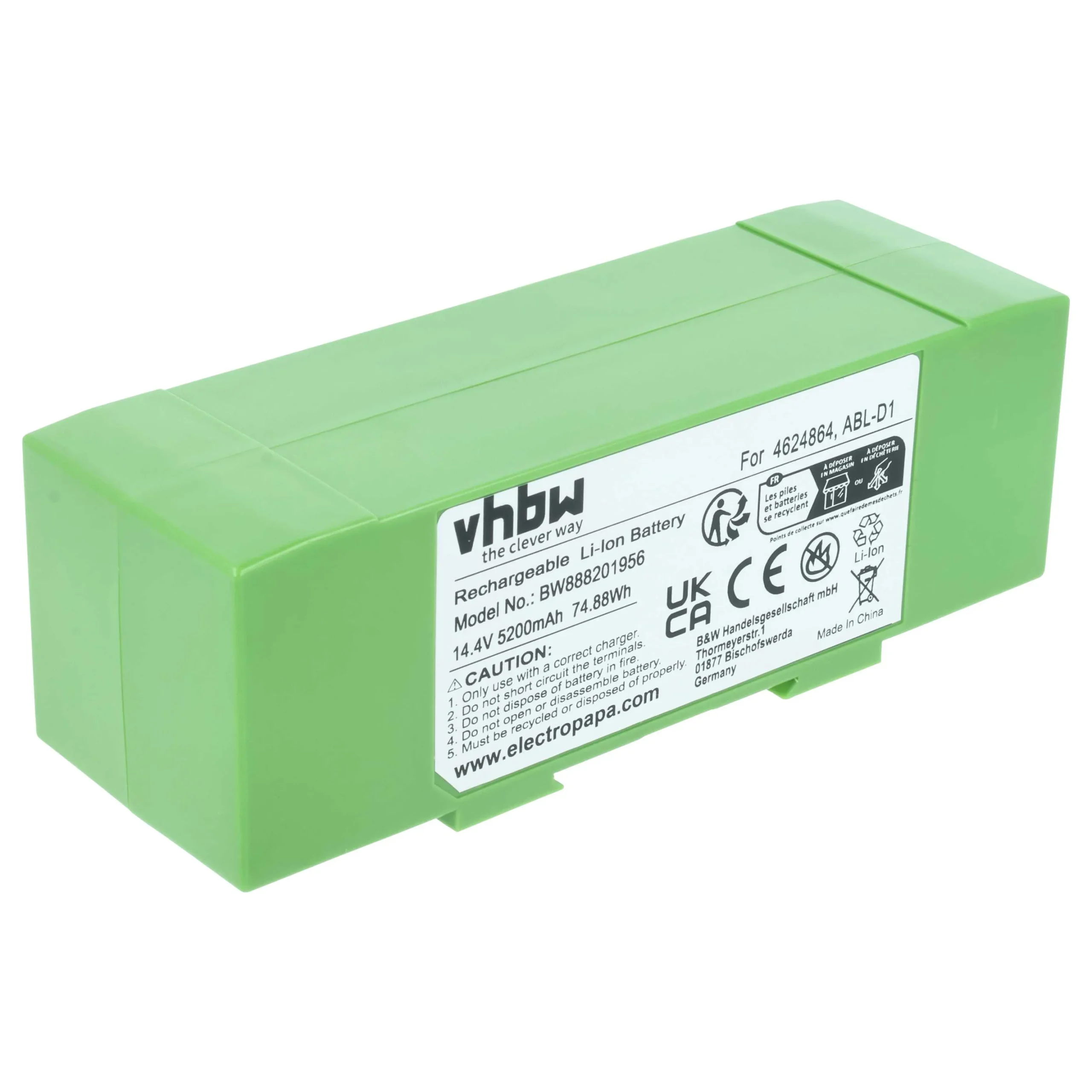 Batterie remplace iRobot ABL-D1, 4624864, ABL-D2 pour robot aspirateur iRobot - 5200mAh 14,4V Li-ion