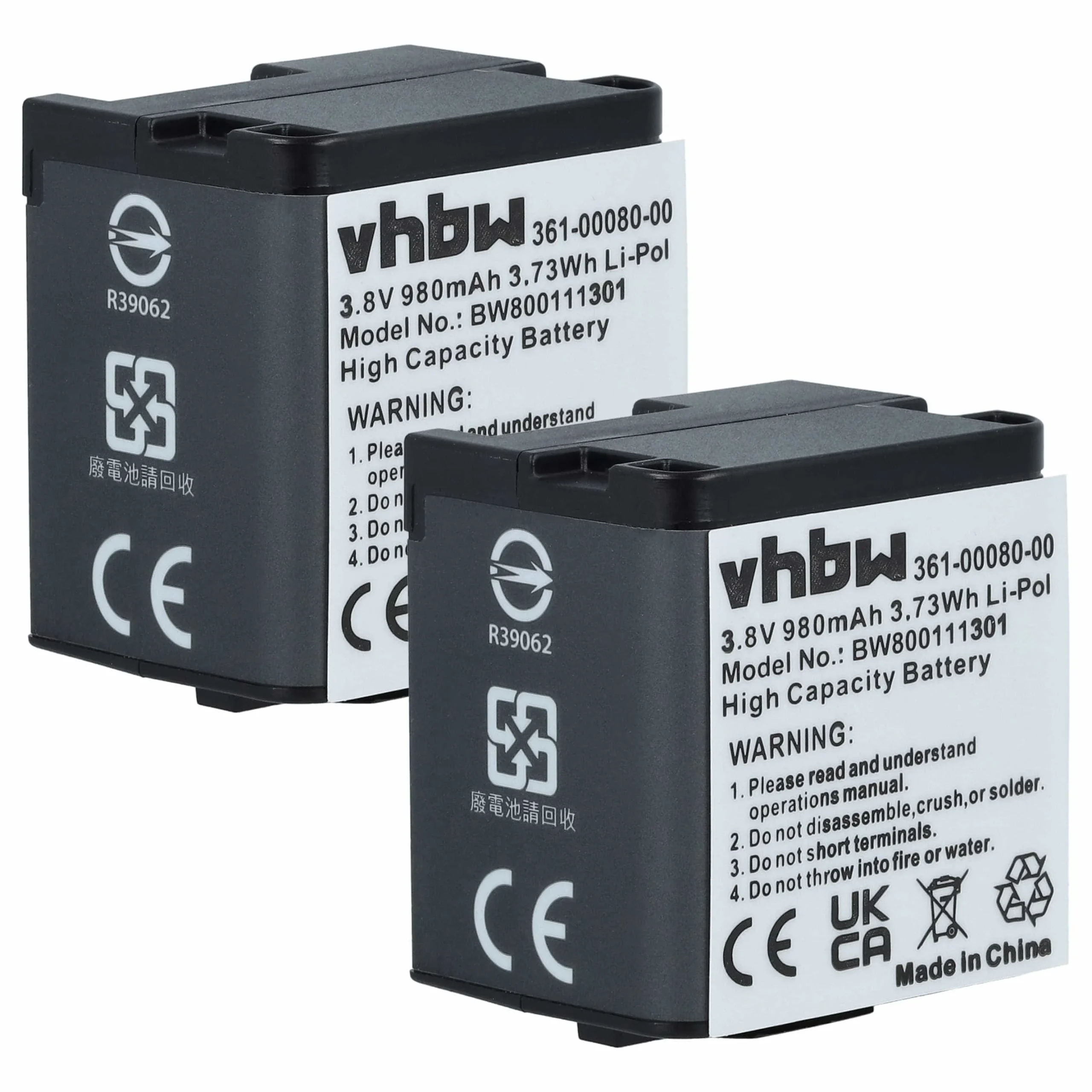 2x Batteries remplace Garmin 010-01363-10, 010-12256-01 pour caméscope Garmin- 980mAh 3,8V Li-polymère