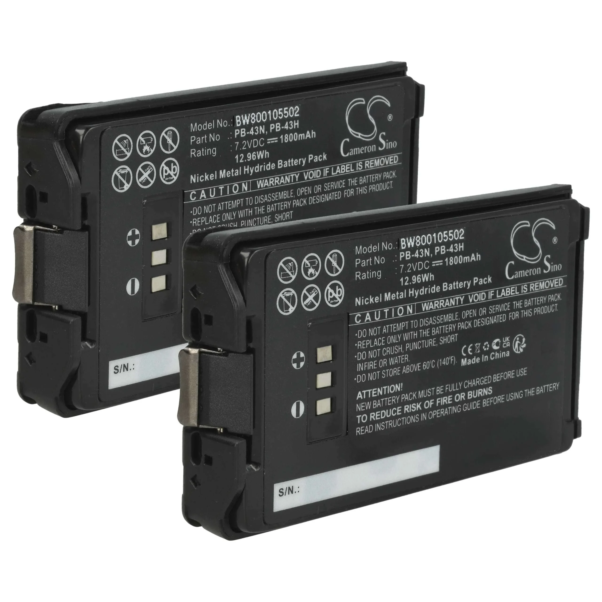 2x Batteries remplace Kenwood PB-43N, PB-43 pour radio talkie-walkie Kenwood- 1800mAh 7,2V NiMH