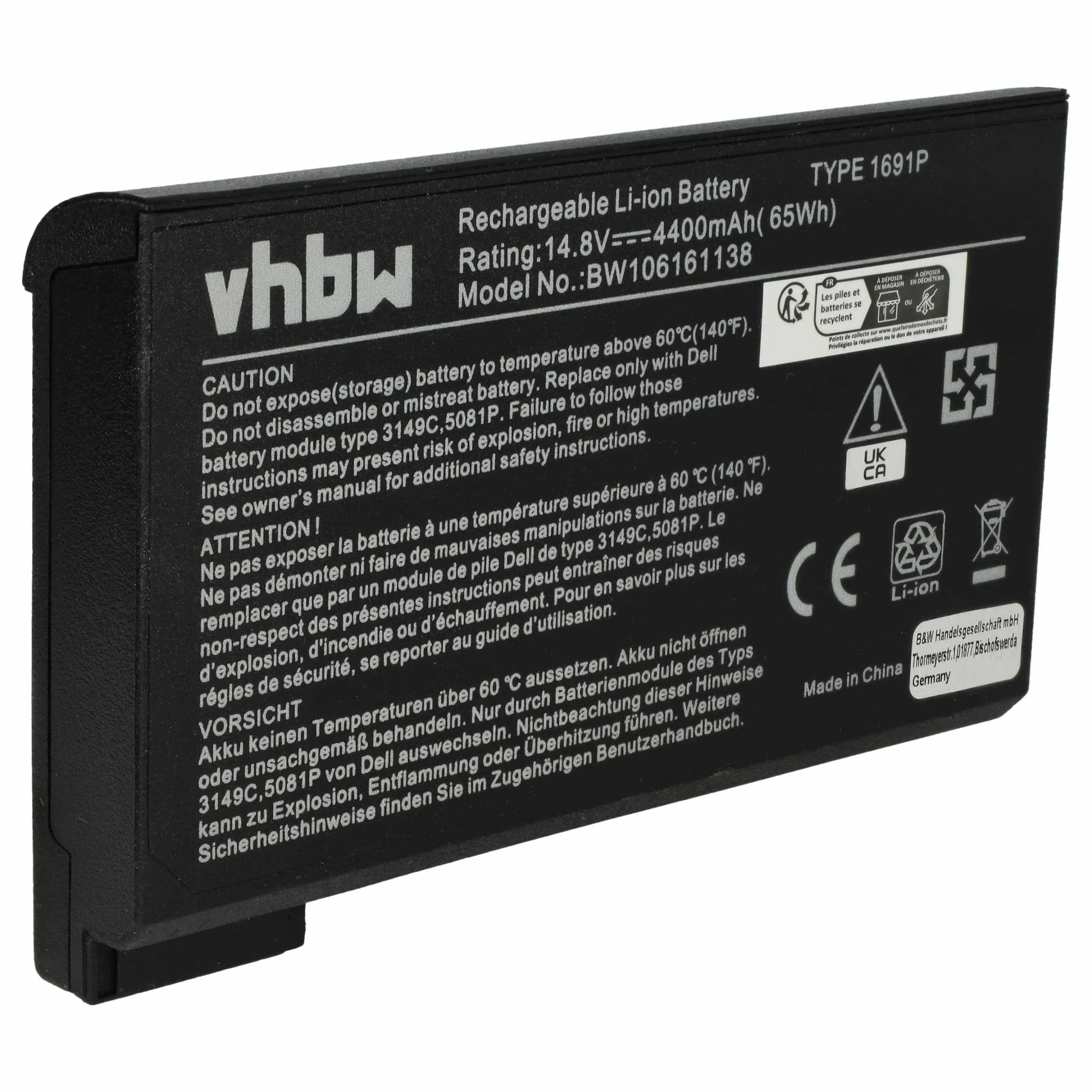 Batterie remplace Dell 1691P, 312-0009, 312-0028 pour ordinateur portable Dell- 4400mAh 14,8V Li-ion, noir