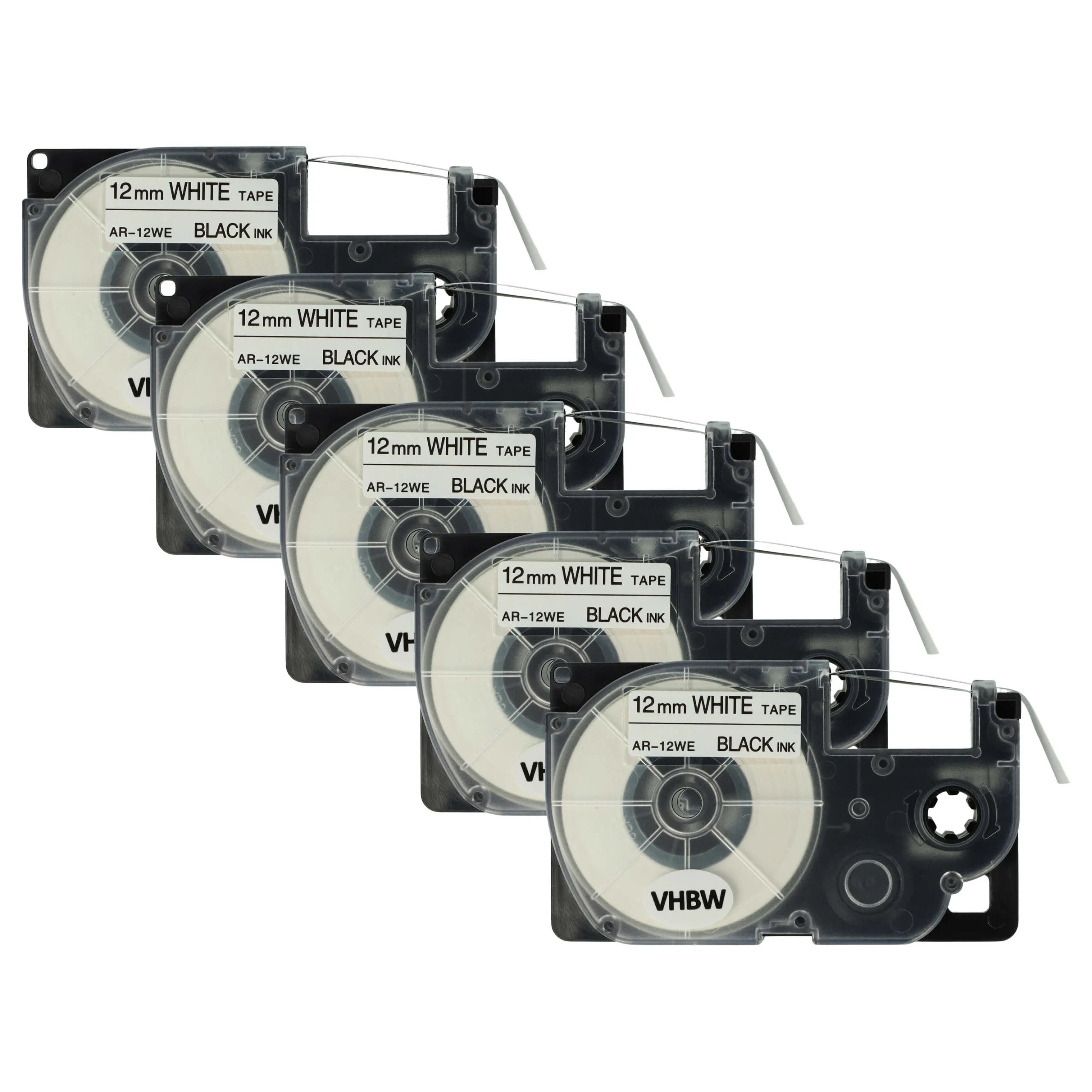 5x Cassettes à ruban remplacent Casio XR-12WE, XR-12WE1 - 12mm lettrage Noir ruban Blanc, plastique