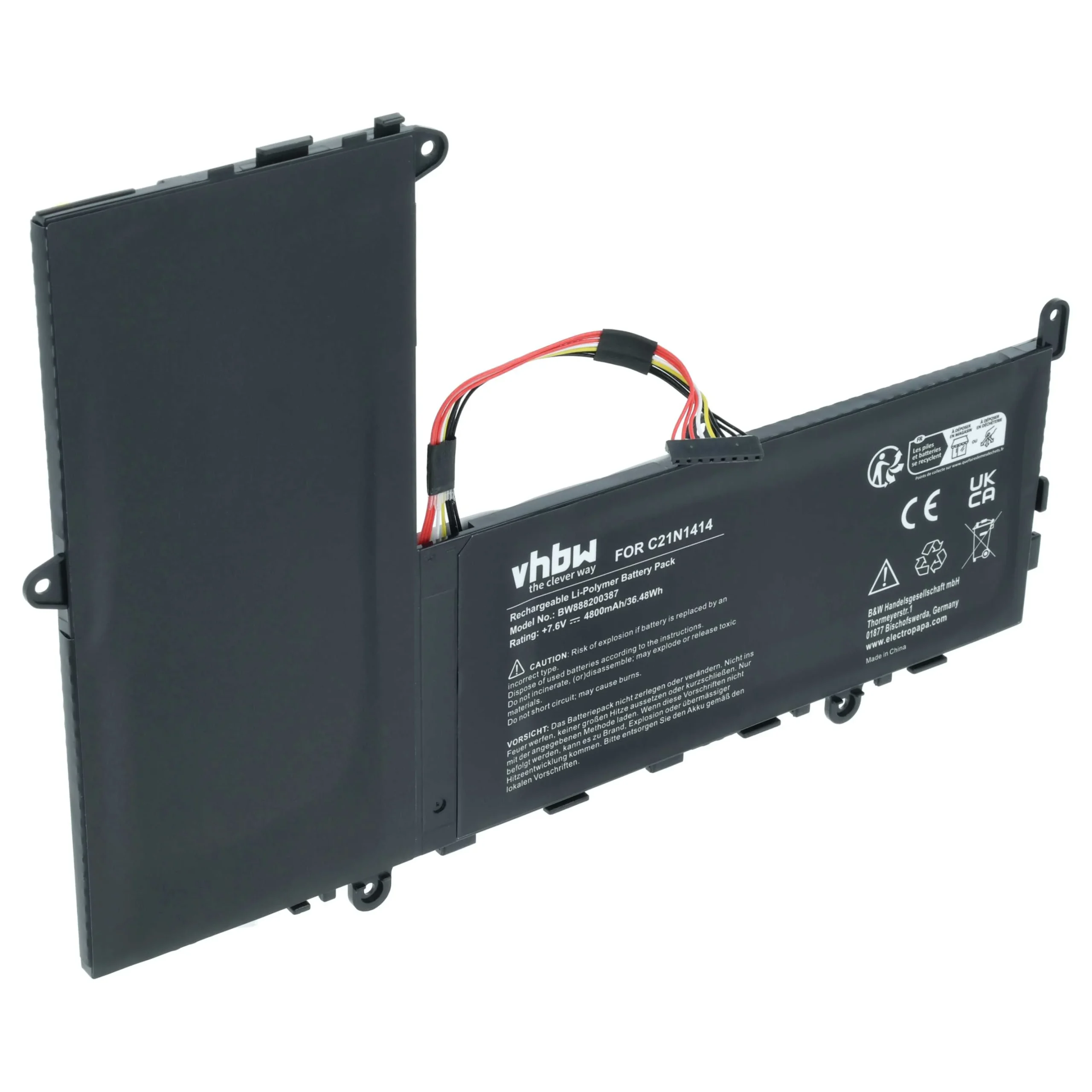 Batterie remplace Asus C21N1414, 0B200-0124000 pour ordinateur portable Asus- 4800mAh 7,6V Li-polymère, noir