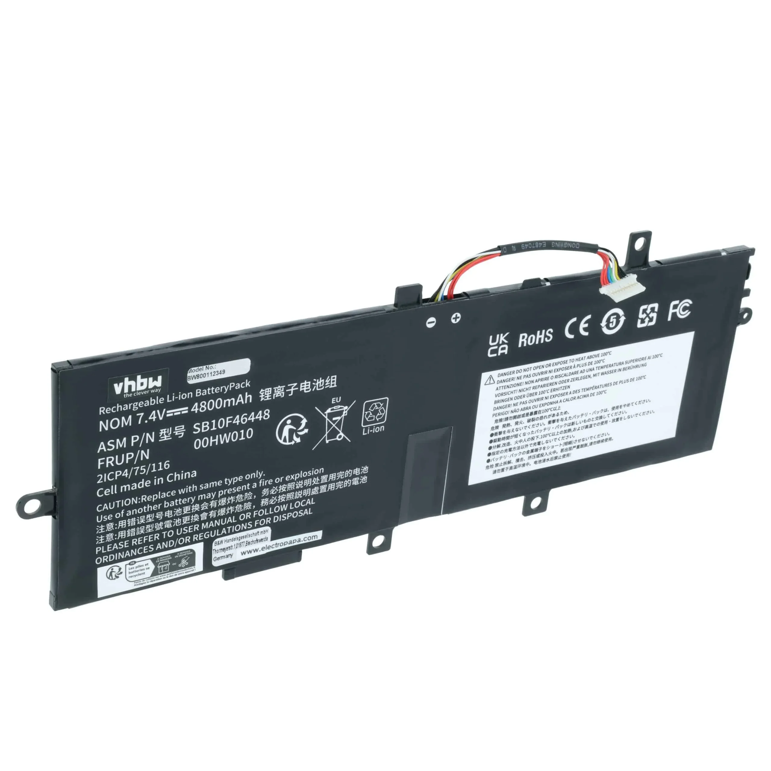 Batterie remplace Lenovo 00HW005, 00HW004 pour ordinateur portable Lenovo- 4800mAh 7,4V Li-polymère, noir