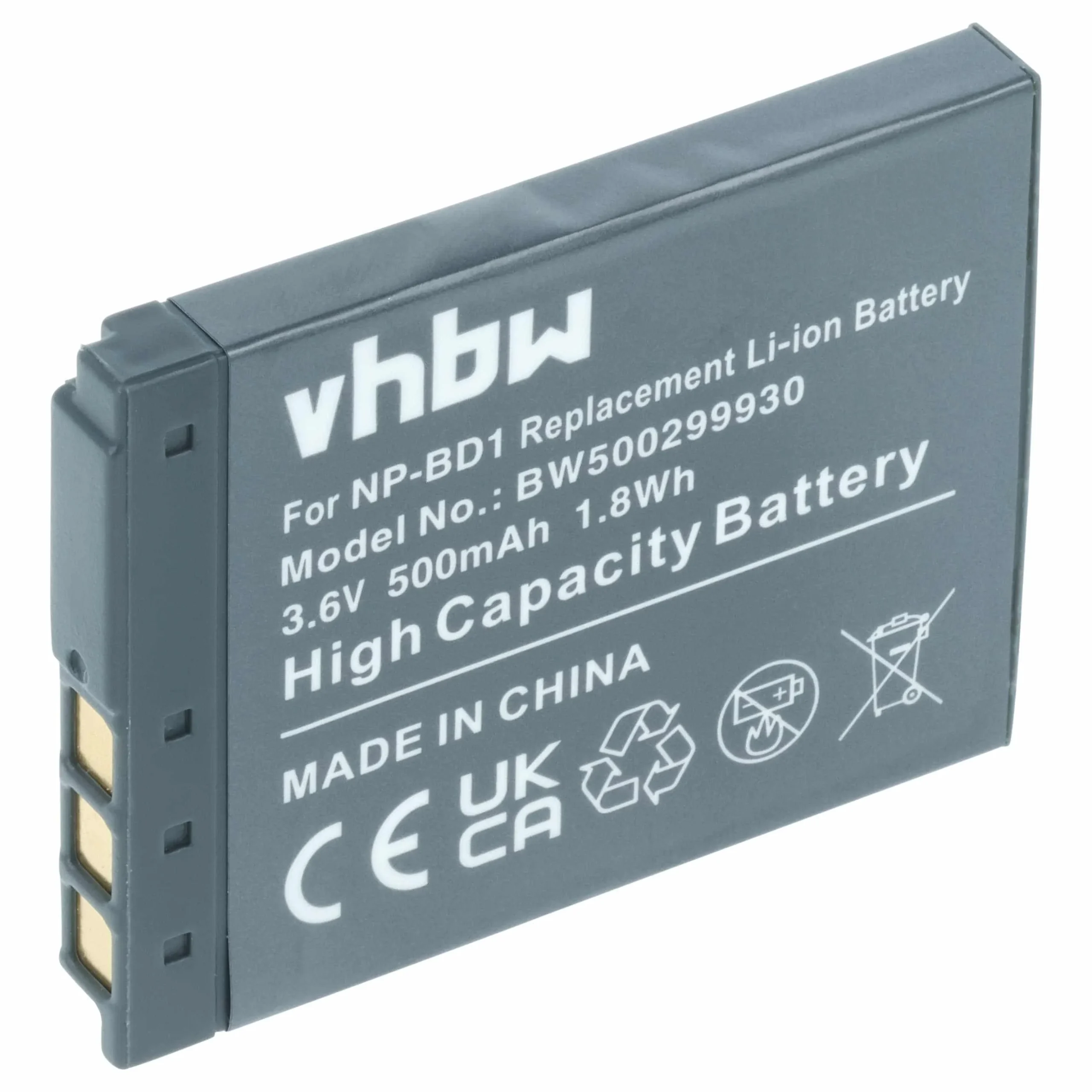 Batterie remplace Sony NP-BD1, NP-FD1 pour appareil photo Sony- 500mAh 3,6V Li-ion