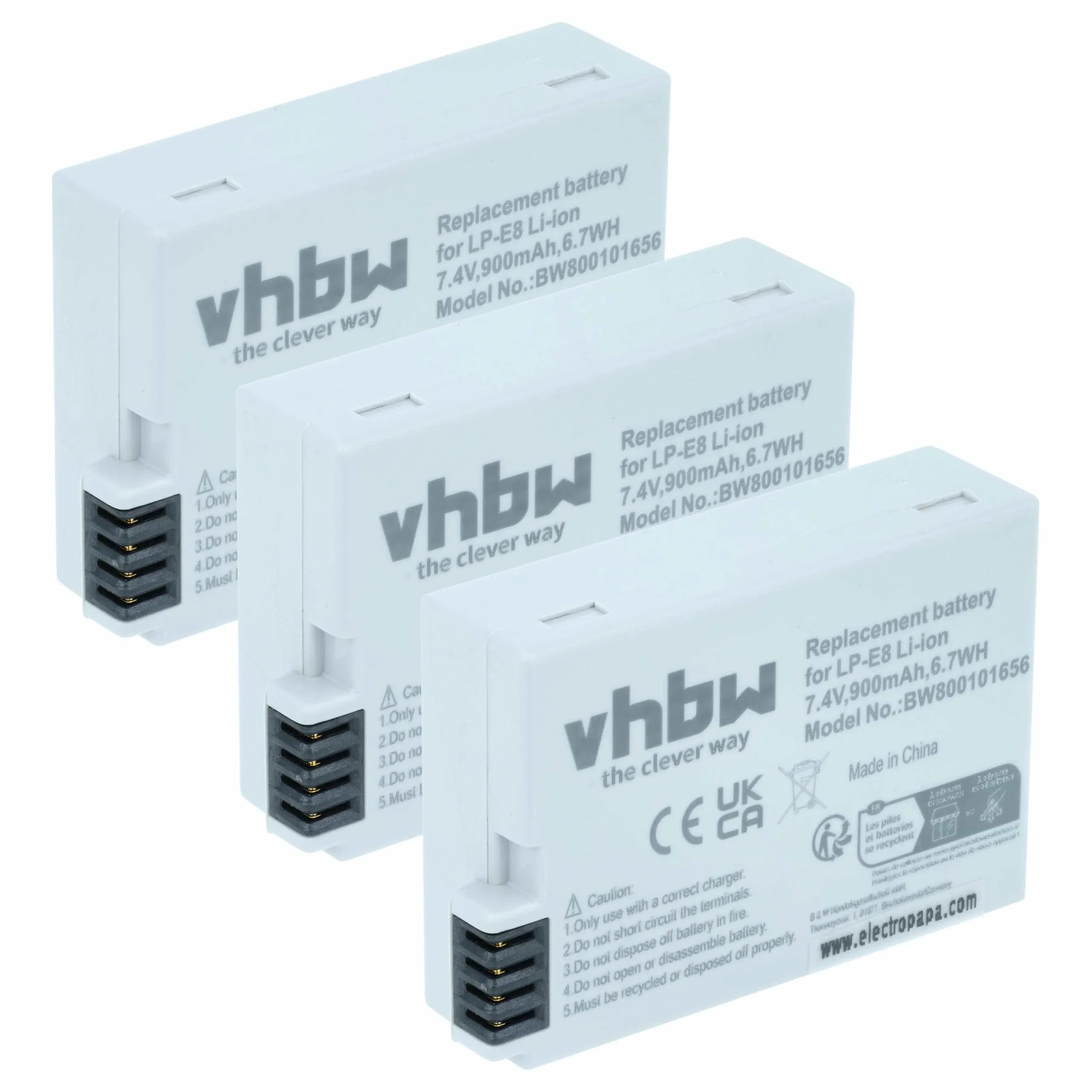 3x Batteries remplace Canon LP-E8 pour appareil photo Canon- 900mAh 7,2V Li-ion