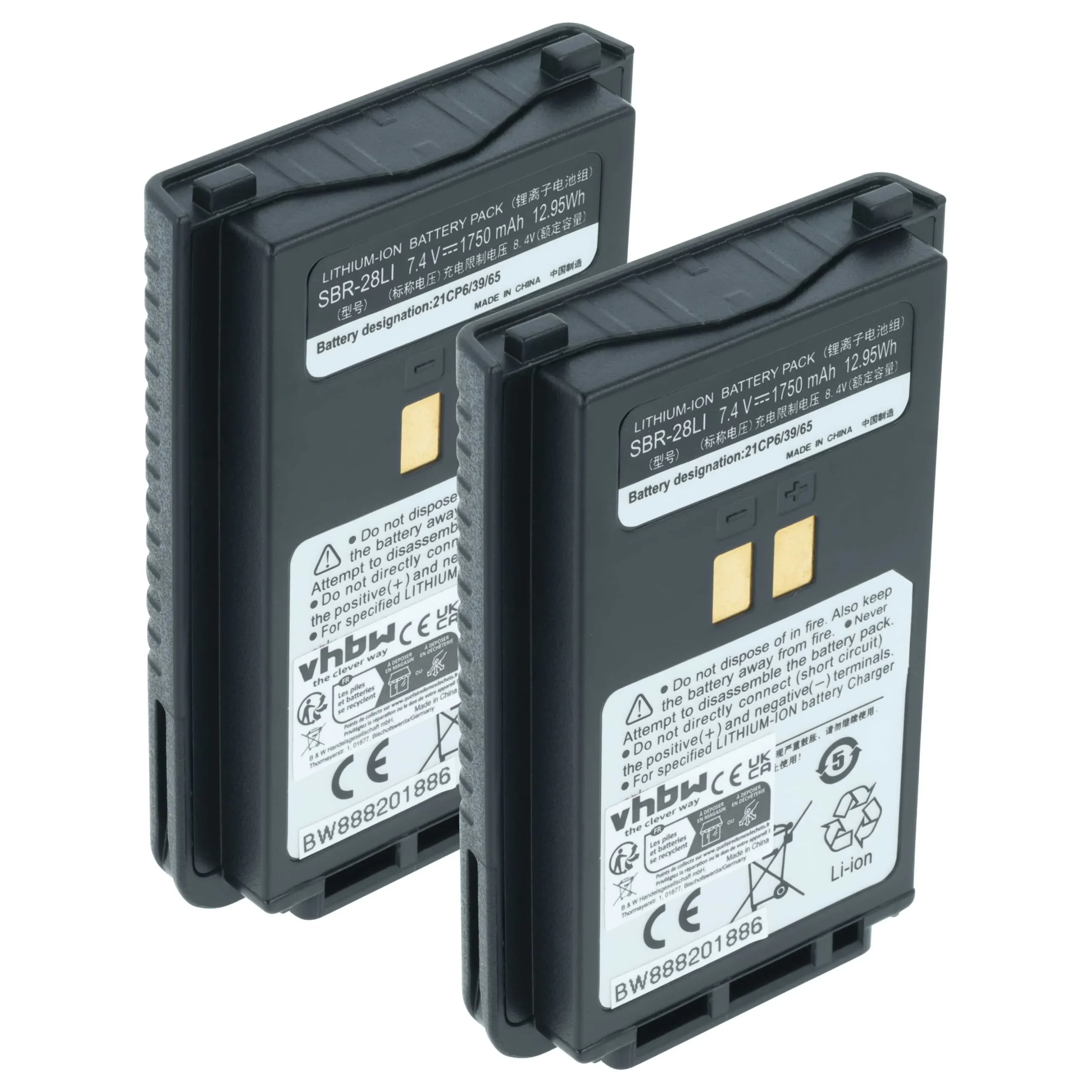 2x Batteries remplace Yaesu SBR-28, SBR-28Li pour radio talkie-walkie Yaesu- 1750mAh 7,4V Li-ion