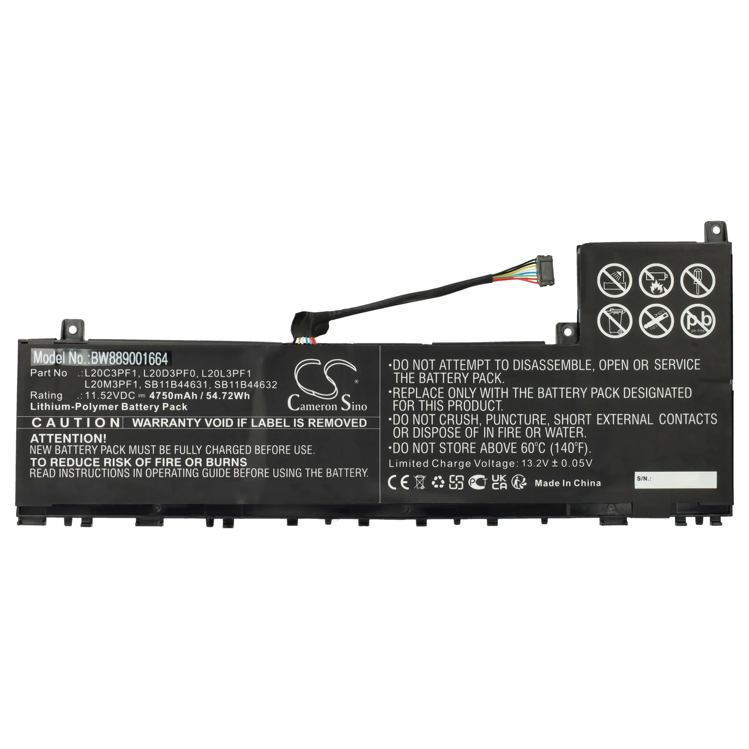 Batterie remplace Lenovo L20D3PF0, L20C3PF1 pour ordinateur portable Lenovo- 4750mAh 11,52V Li-polymère, noir