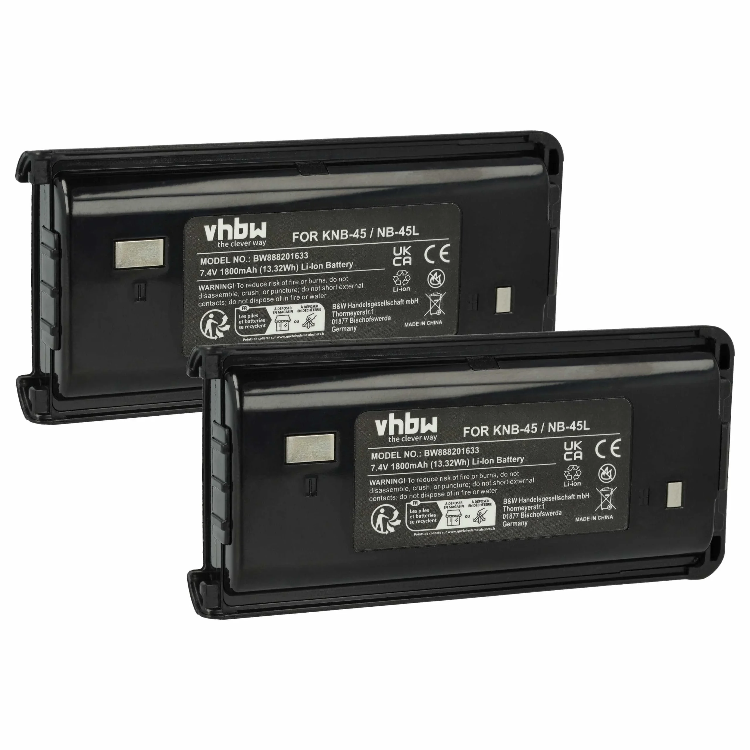 2x Batteries remplace Kenwood KNB-45, KNB-45L, KNB-45Li pour radio talkie-walkie Kenwood- 1800mAh 7,4V Li-ion