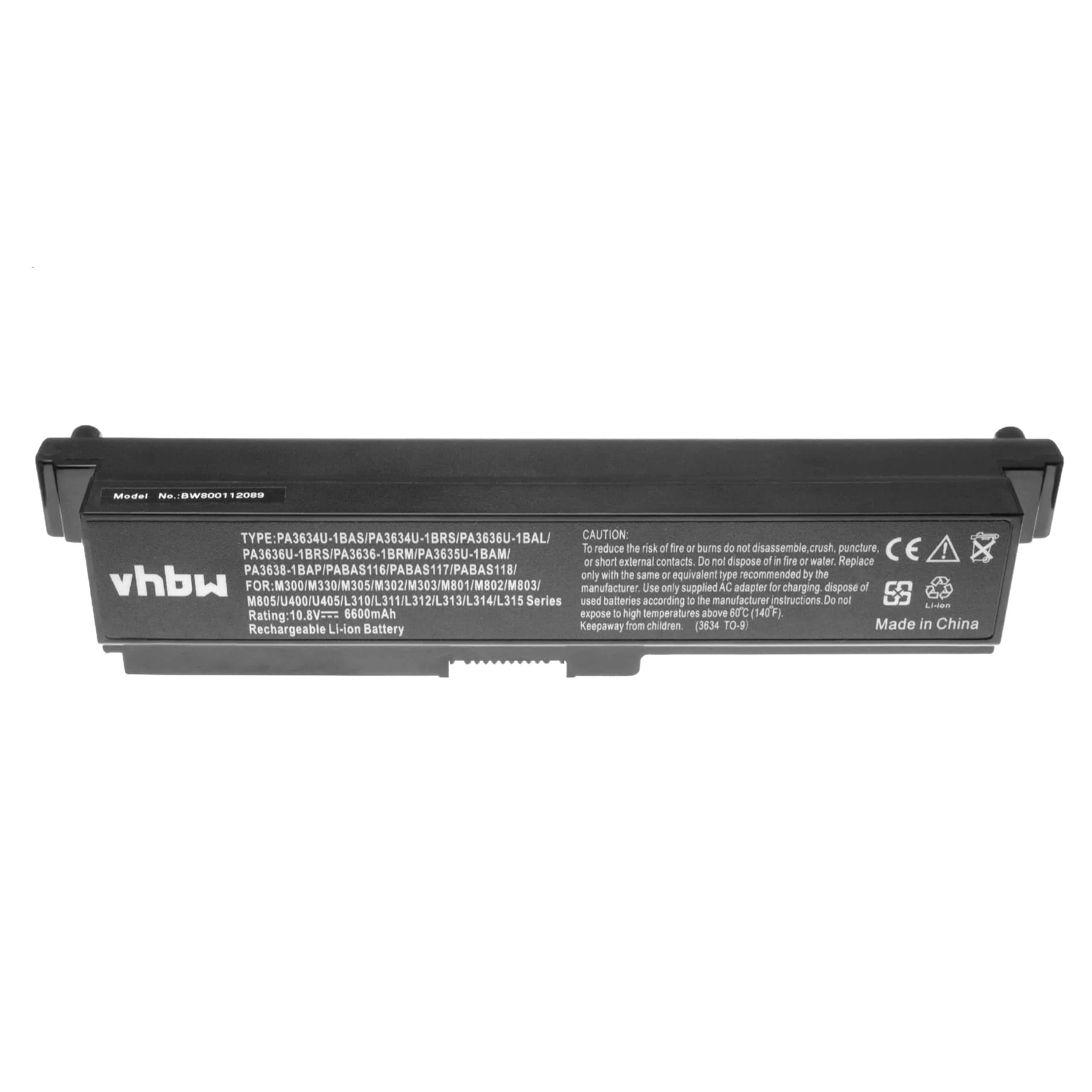 Batterie remplace Toshiba PA3634U-1BAS pour ordinateur portable Toshiba- 6600mAh 10,8V Li-ion, noir