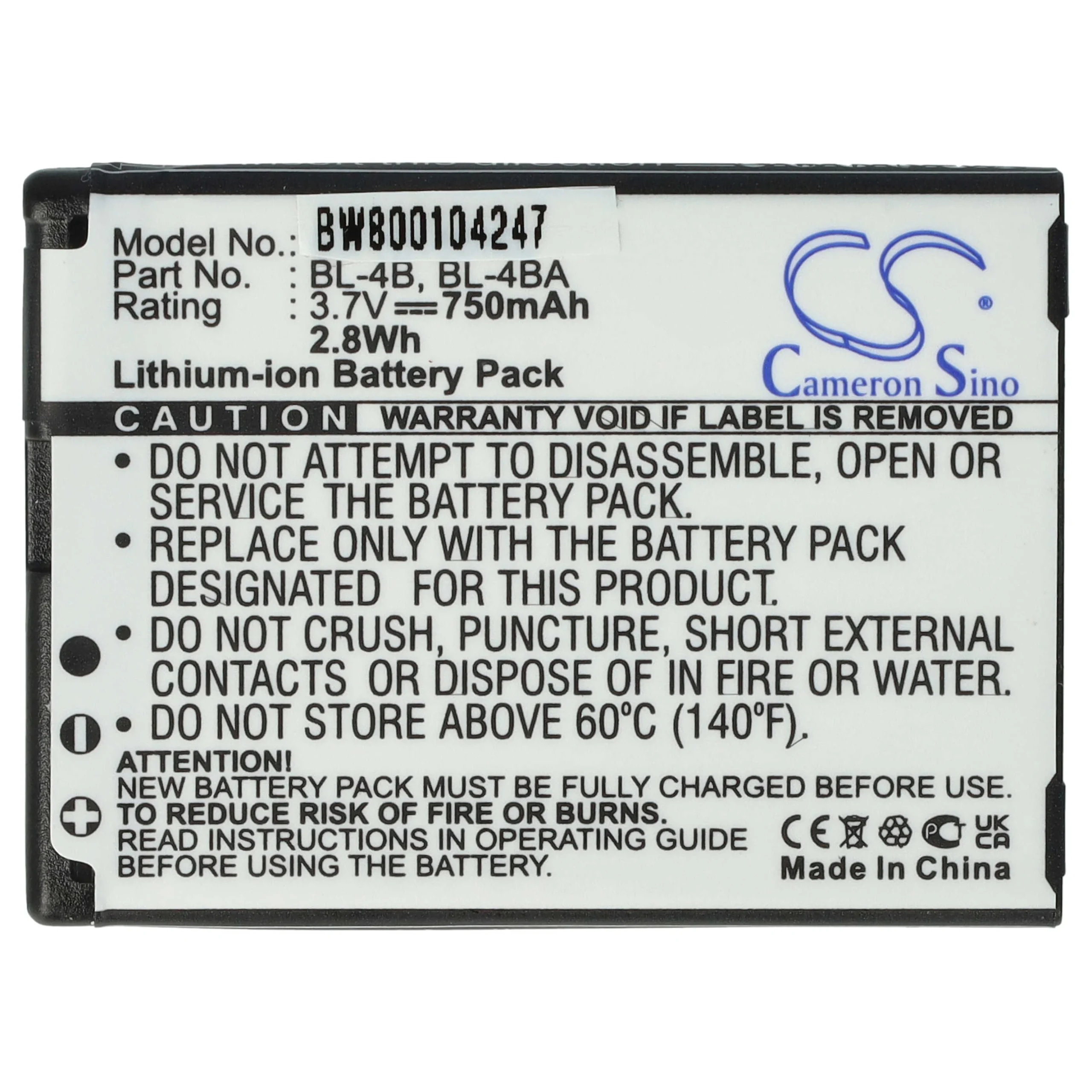 Batterie remplace Nokia BL-4BA, BL-4B téléphone portable Nokia - 800mAh 3,7V Li-ion