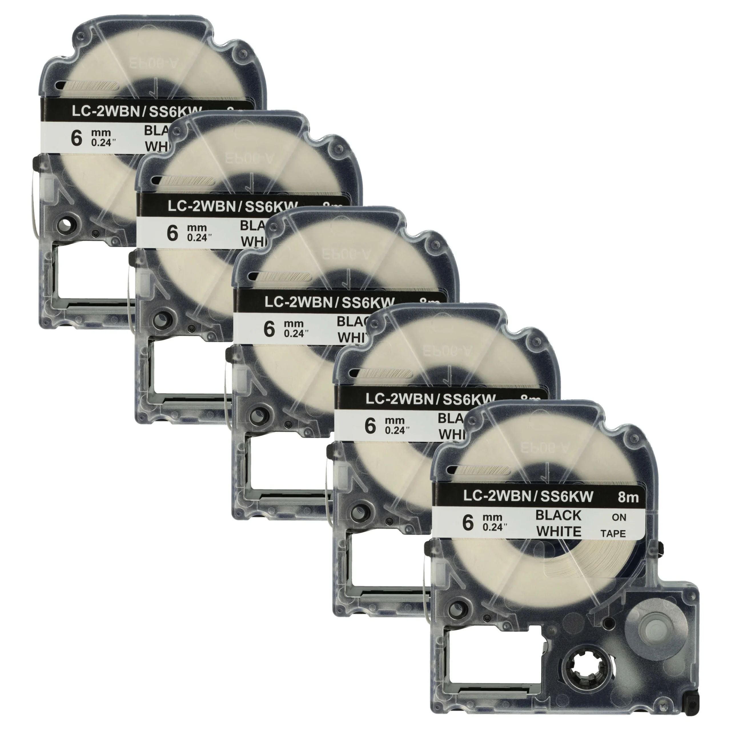 5x Cassettes à ruban remplacent Epson LC-2WBN - 6mm lettrage Noir ruban Blanc, plastique