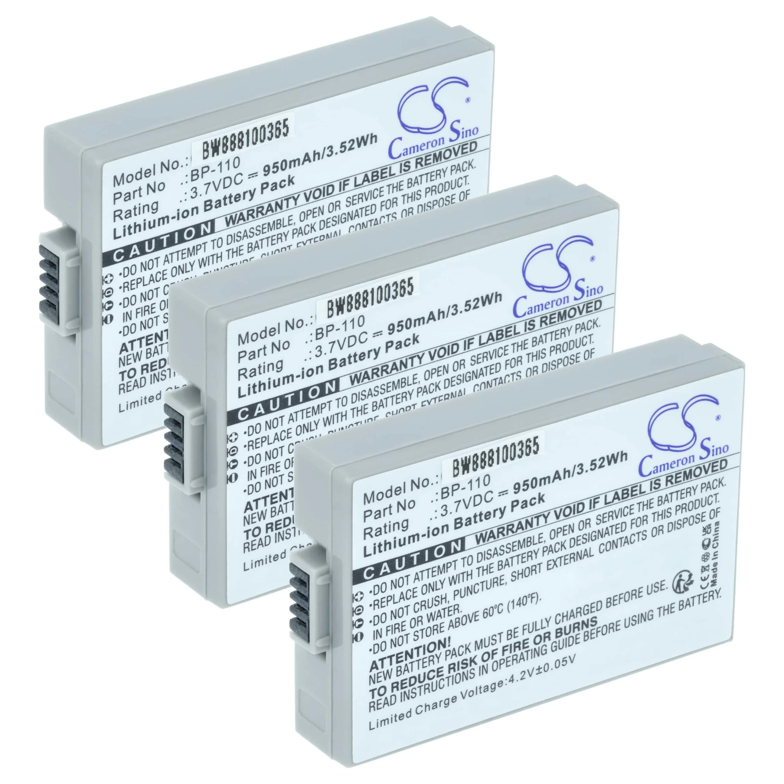 3x Batteries remplace Canon BP-110 pour caméscope Canon- 950mAh 3,7V Li-ion avec puce