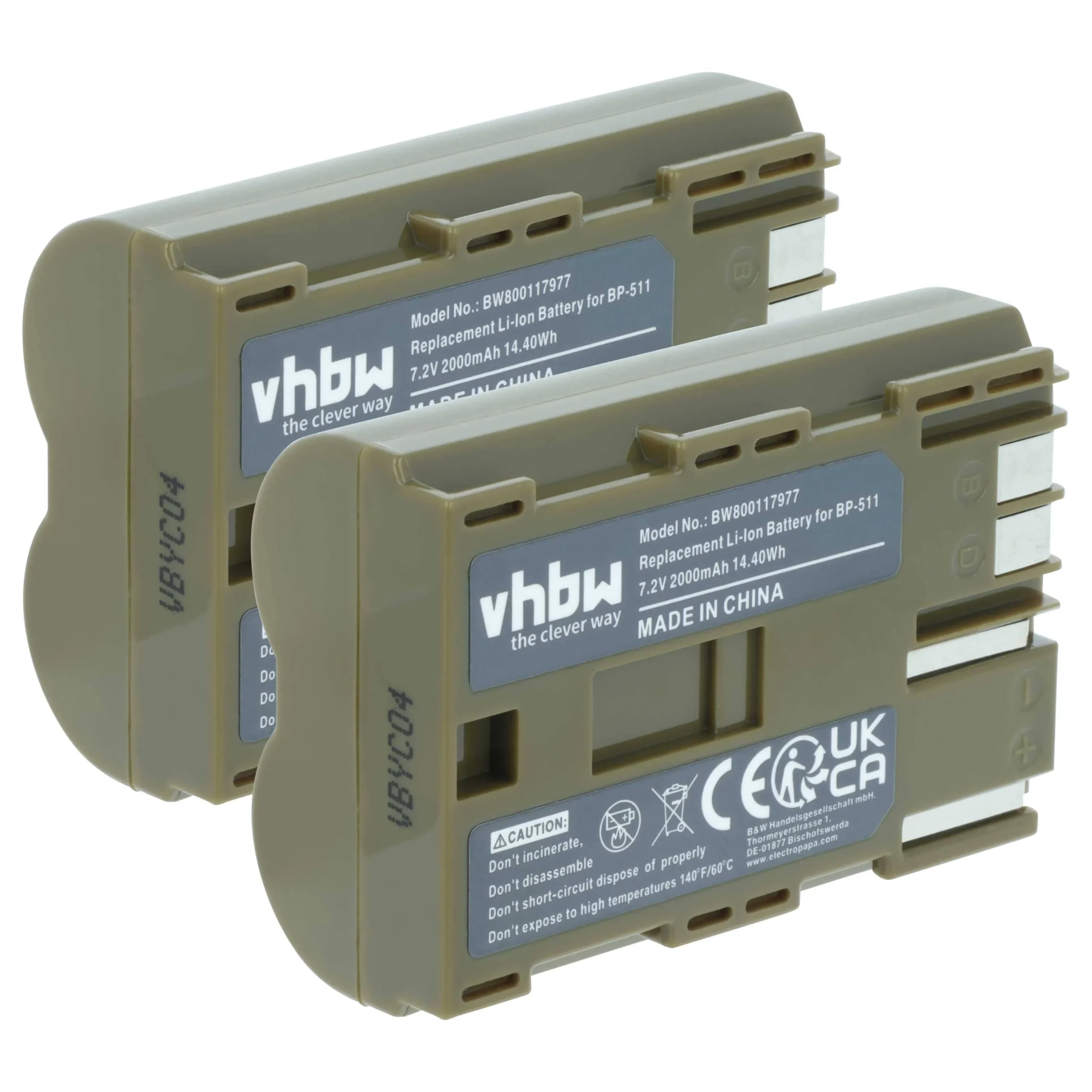 2x Batteries remplace Canon BP-511A, BP-512, BP-511, BP-508 pour appareil photo Canon- 2000mAh 7,4V Li-ion