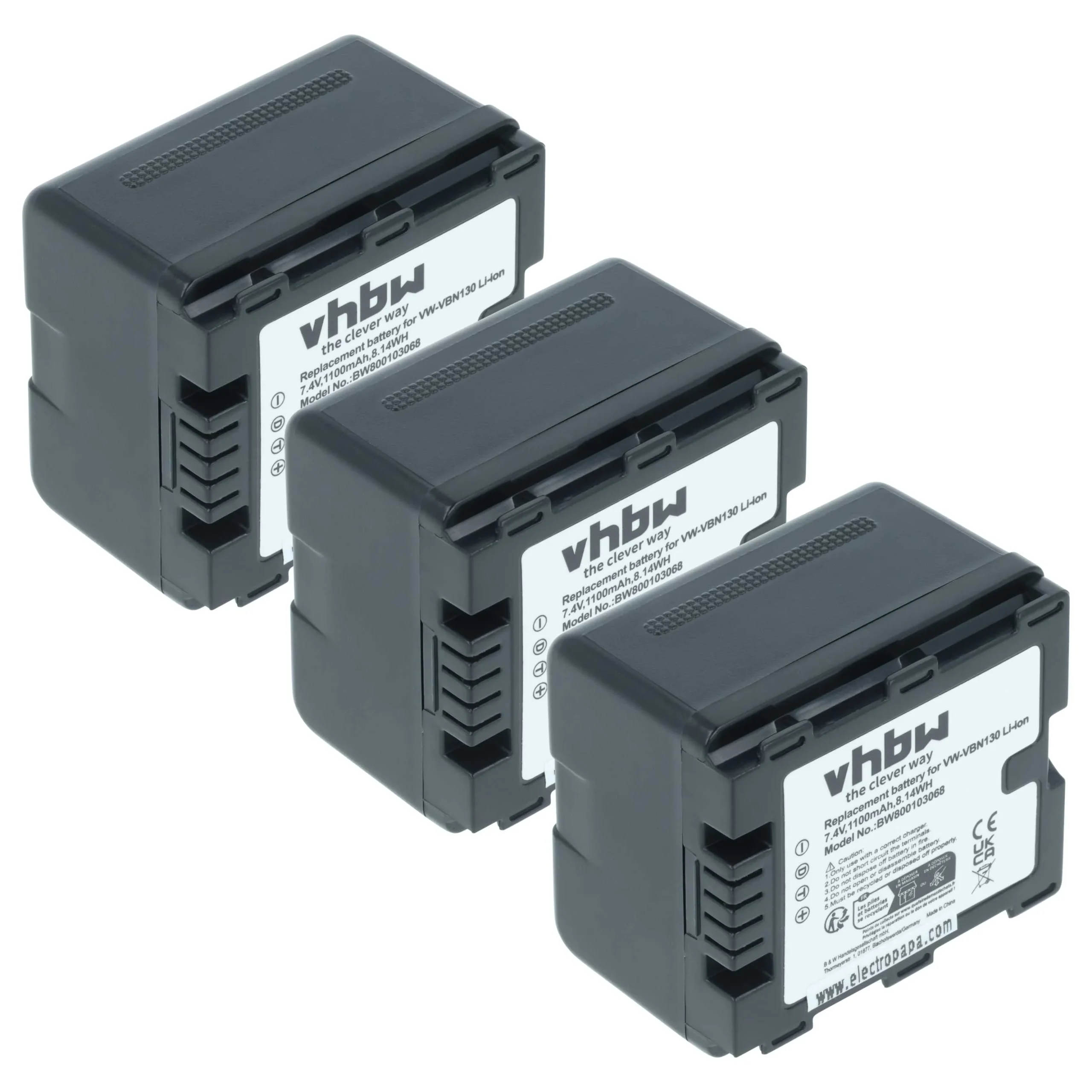 3x Batteries remplace Panasonic VW-VBN130E, VW-VBN130 pour caméscope Panasonic- 1100mAh 7,2V Li-ion avec puce