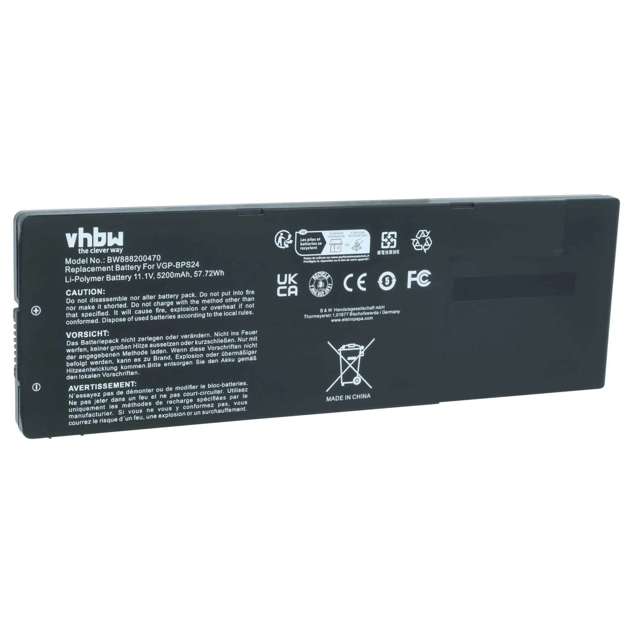 Batterie remplace Sony VGP-BPS24, VGP-BPL24 pour ordinateur portable Sony- 5200mAh 11,1V Li-polymère, noir