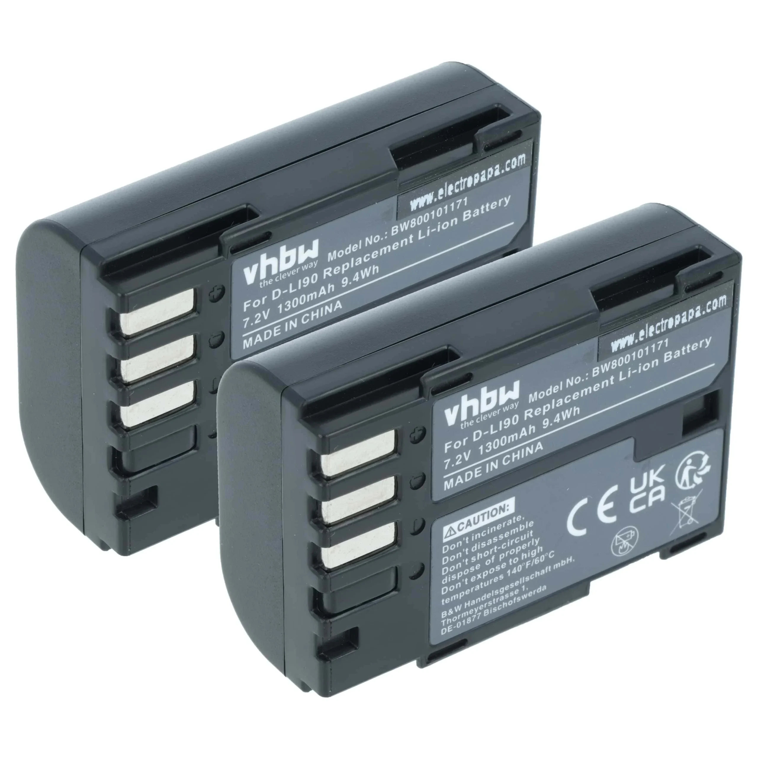 2x Batteries remplace Pentax D-Li90 pour appareil photo Pentax- 1300mAh 7,2V Li-ion