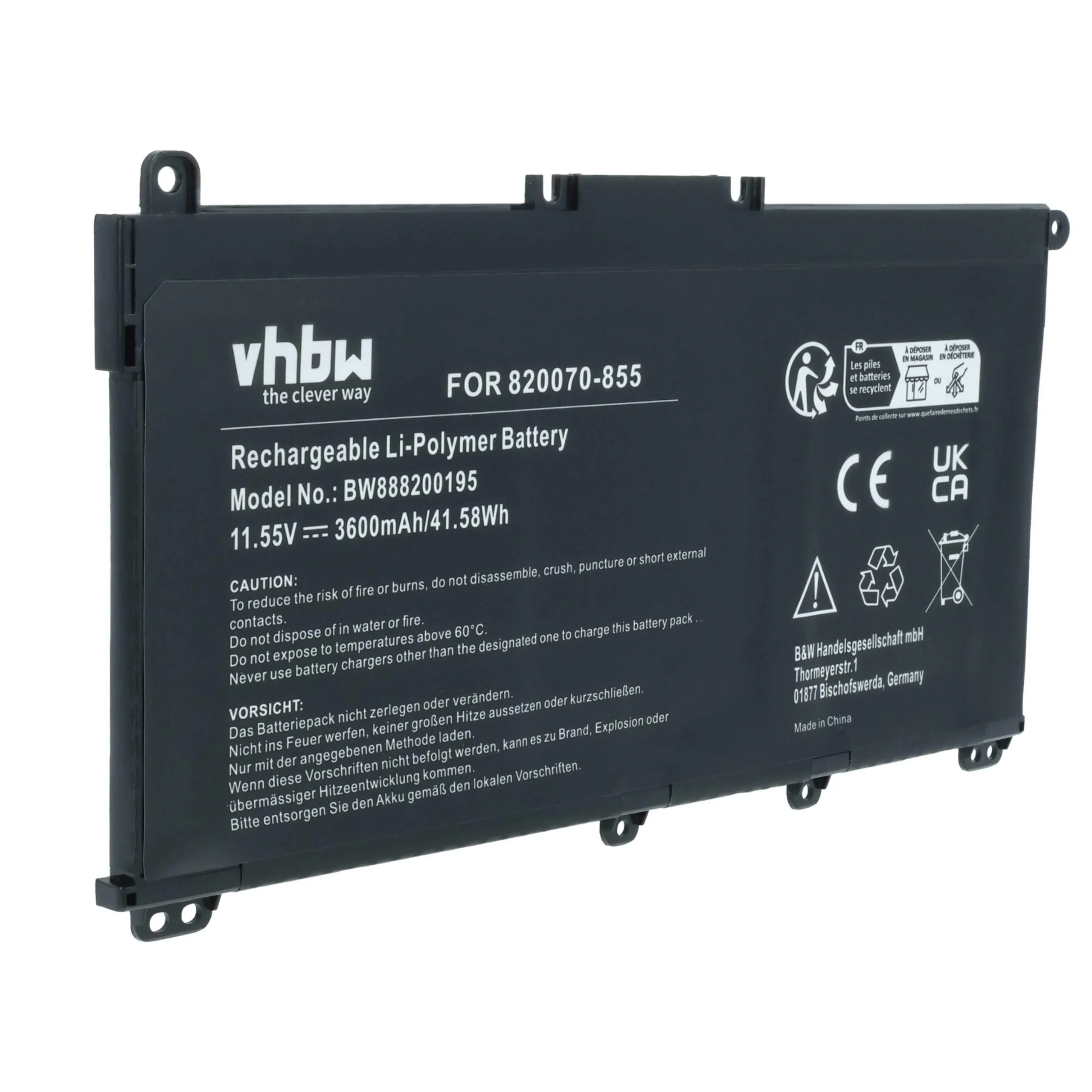 Batterie remplace HP HSTNN-DB8S, HSTNN-DB8R, 5LM85AV pour ordinateur portable HP- 3600mAh 11,55V Li-ion, noir
