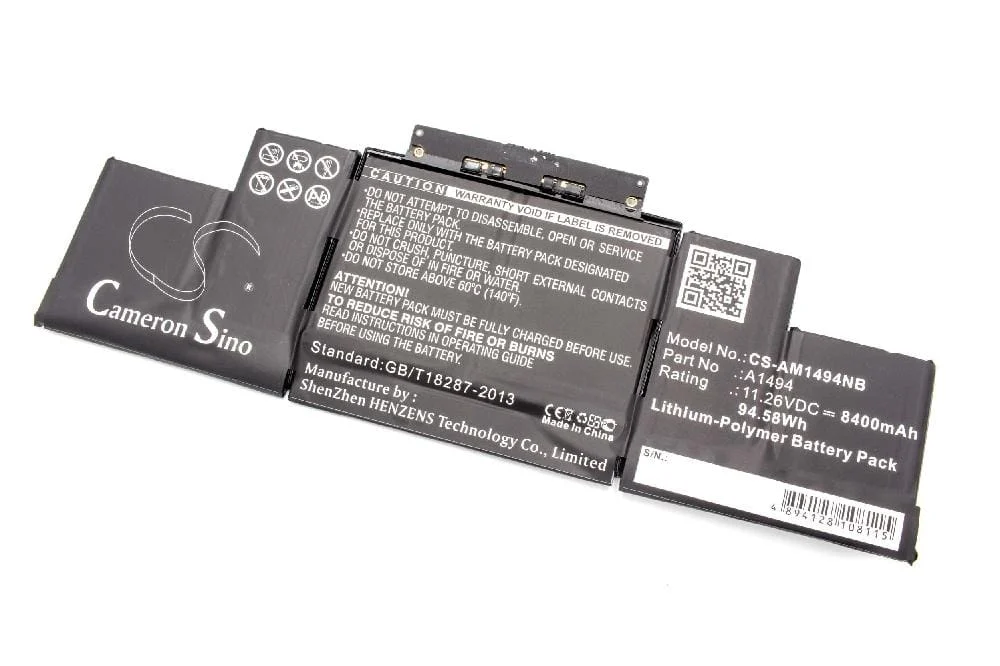 Batterie remplace A1494 pour ordinateur portable Apple- 8400mAh 11,26V Li-polymère, noir
