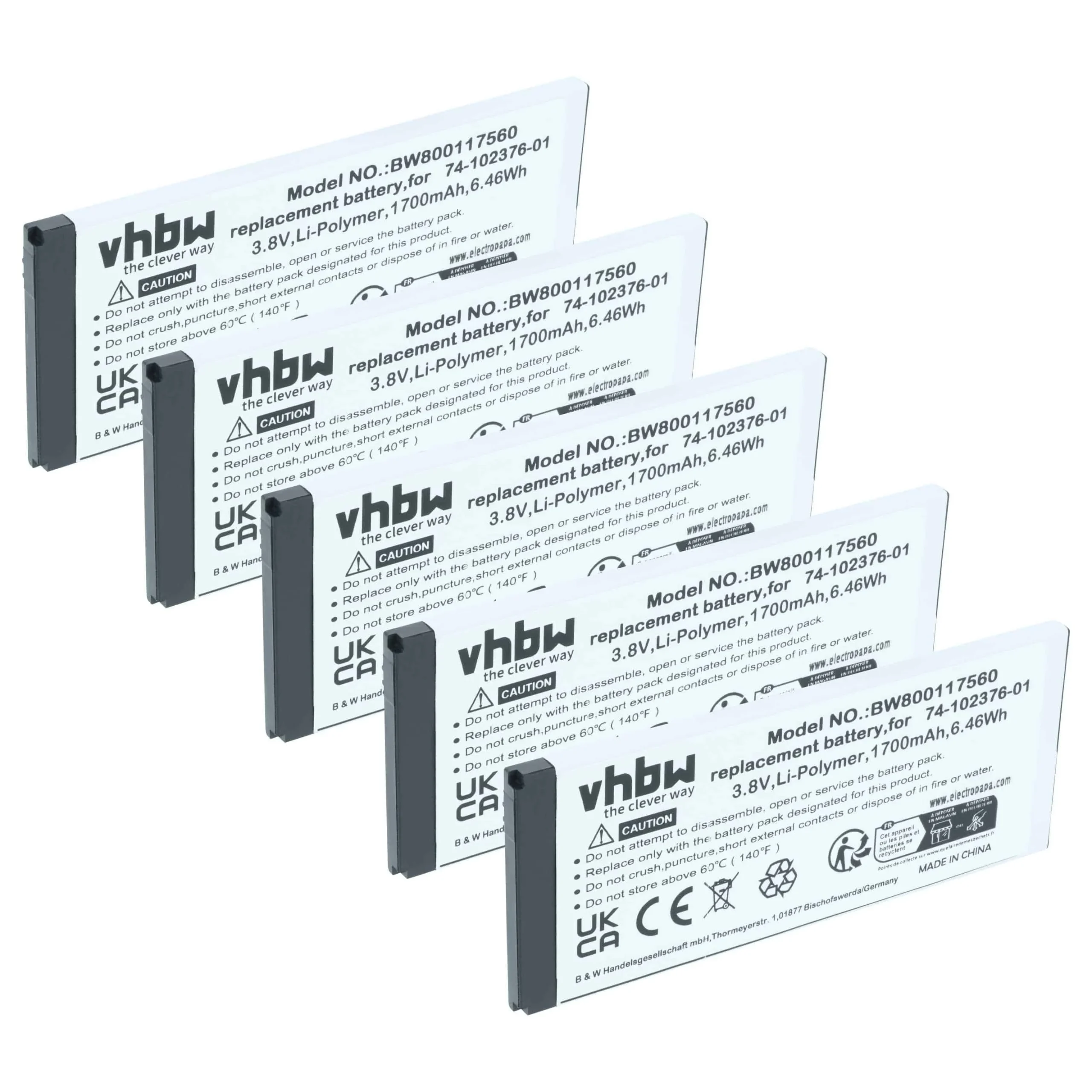 5x Batteries remplace Cisco CP-BATT-8821, 74-102376-01 pour téléphone Cisco - 1700mAh 3,8V Li-polymère