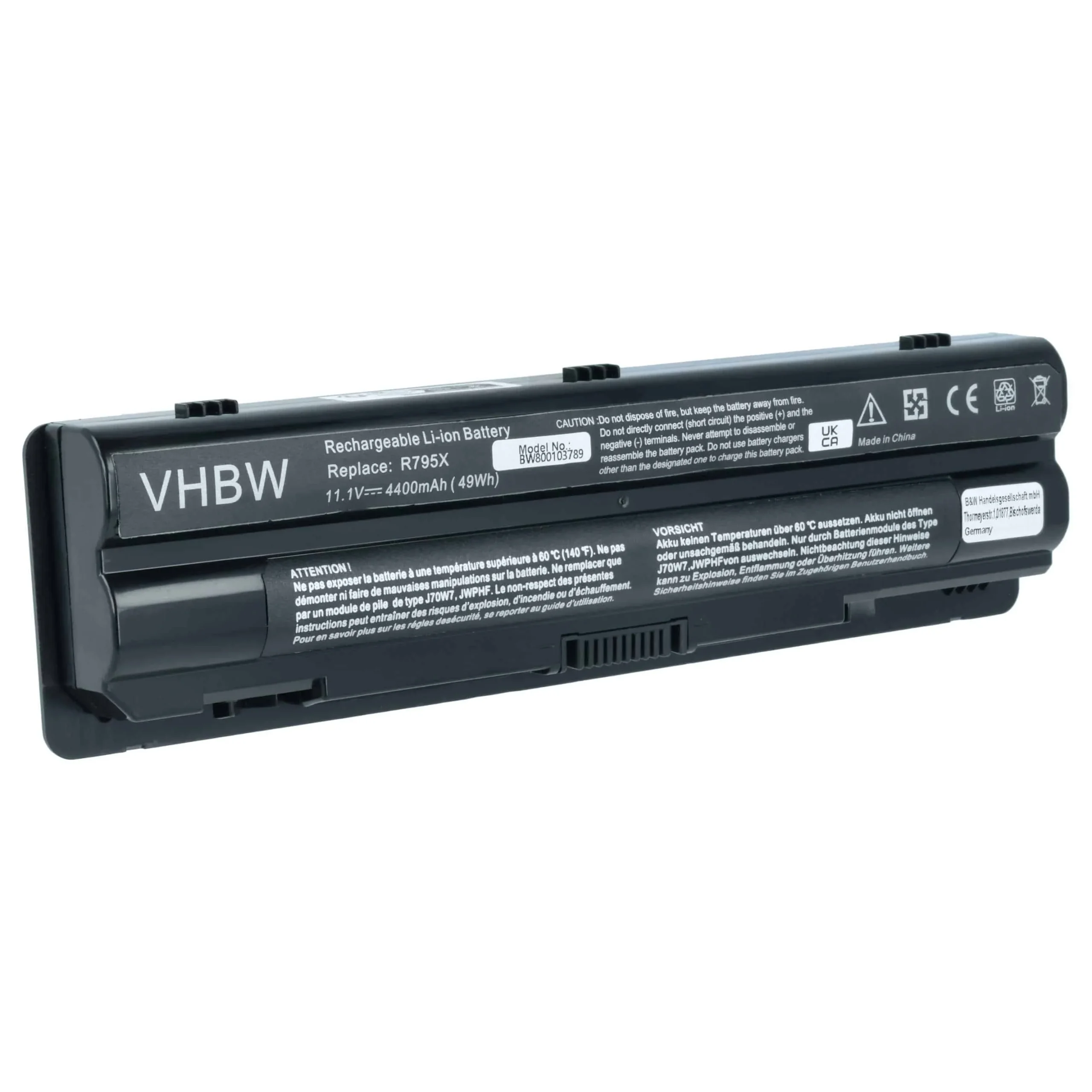 Batterie remplace Dell 0JWPHF, 0J70W7, 08PGNG pour ordinateur portable Dell- 4400mAh 11,1V Li-ion, noir