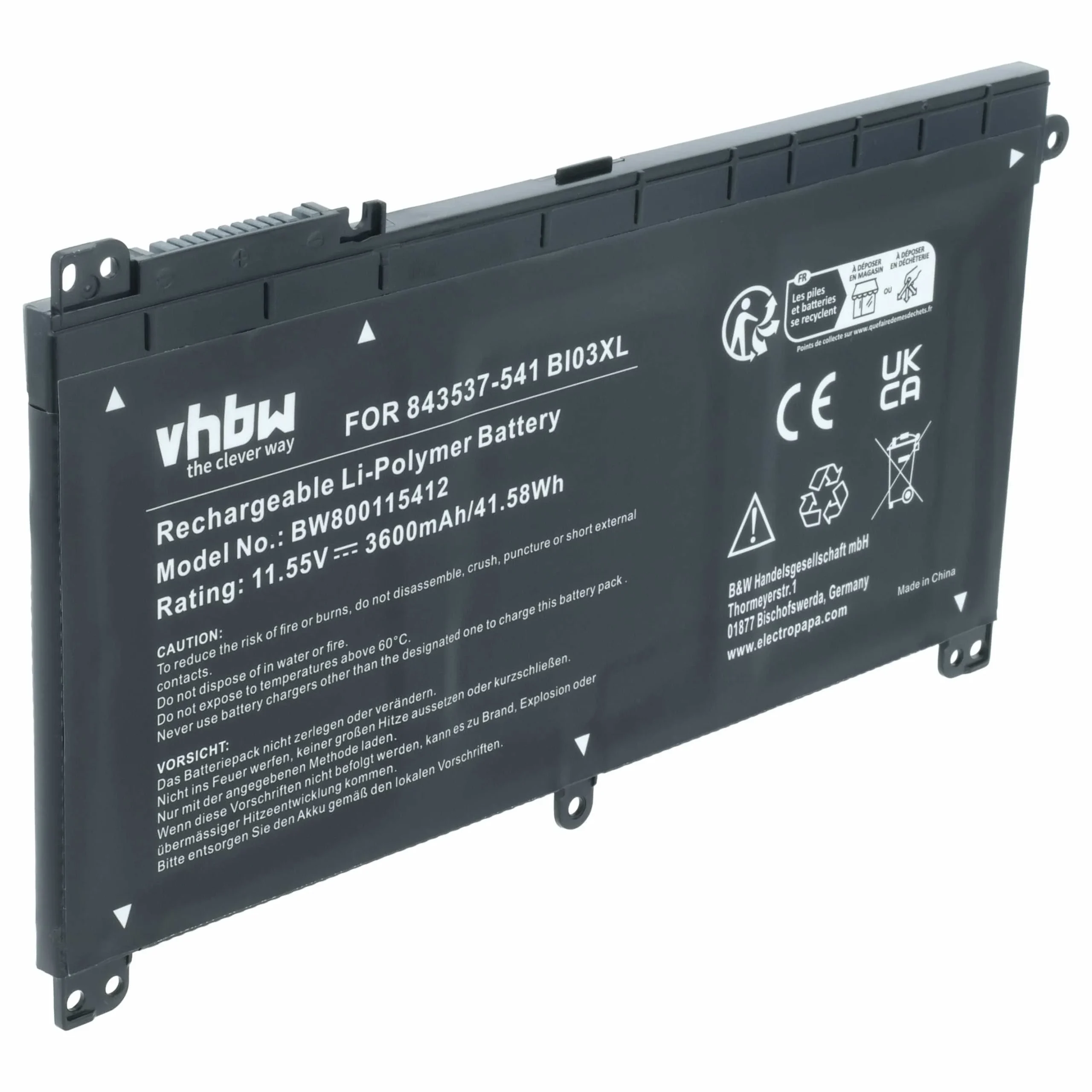 Batterie remplace HP 843537-541, 843537-421, 1LT72ES pour ordinateur portable HP- 3600mAh 11,55V Li-ion, noir
