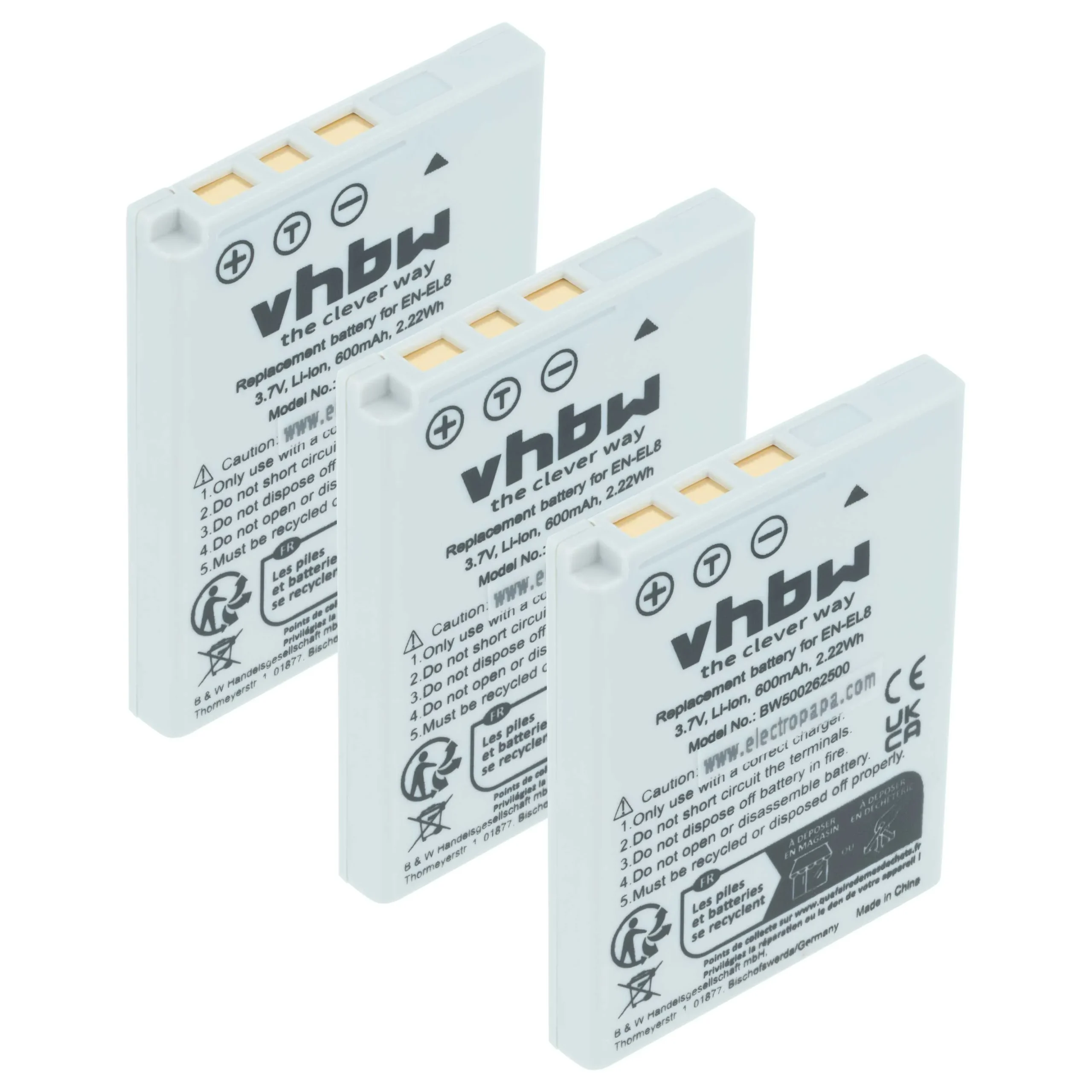 3x Batteries remplace Nikon EN-EL8 pour appareil photo Nikon- 600mAh 3,6V Li-ion