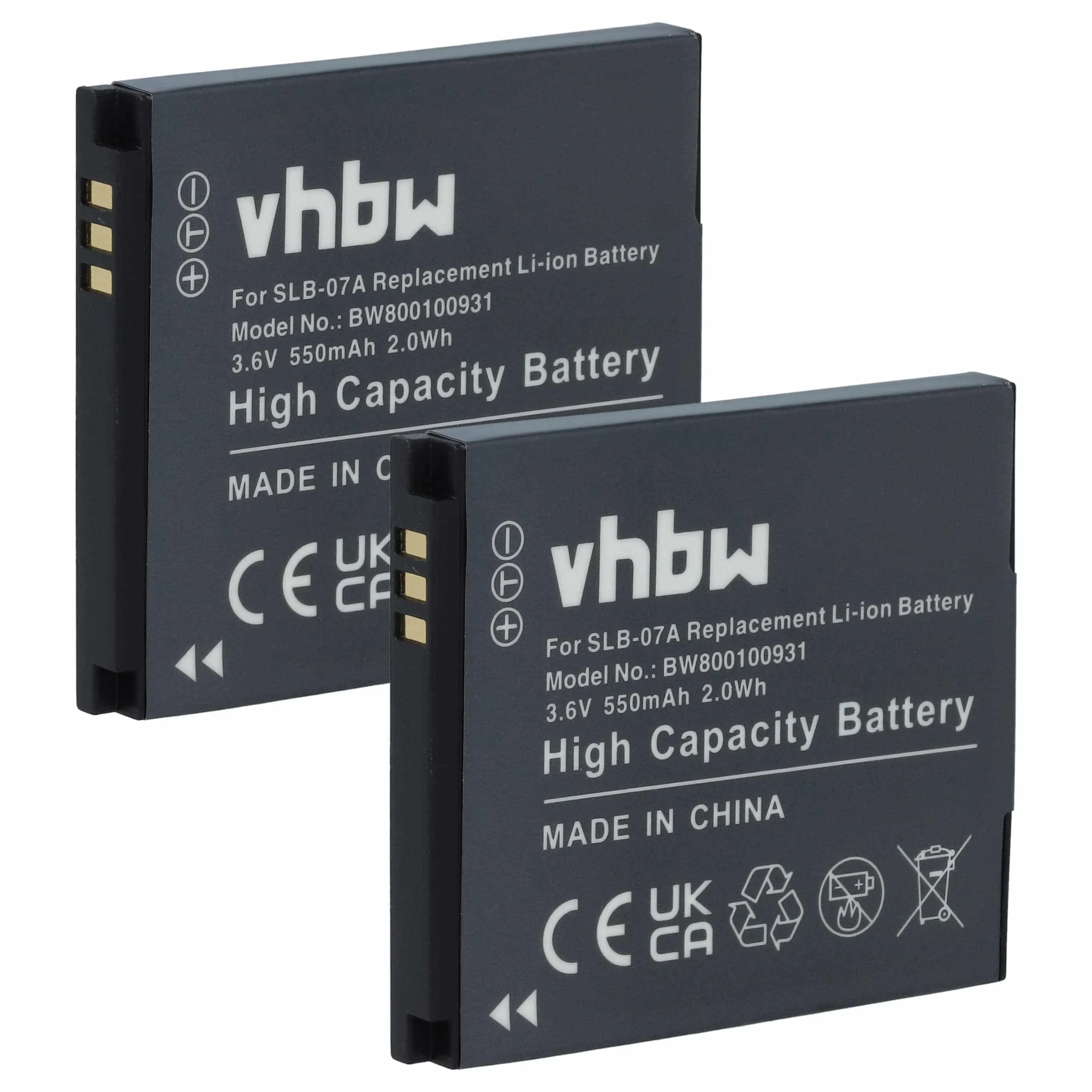 2x Batteries remplace Samsung SLB-07A, SLB-07B pour appareil photo Samsung- 550mAh 3,6V Li-ion