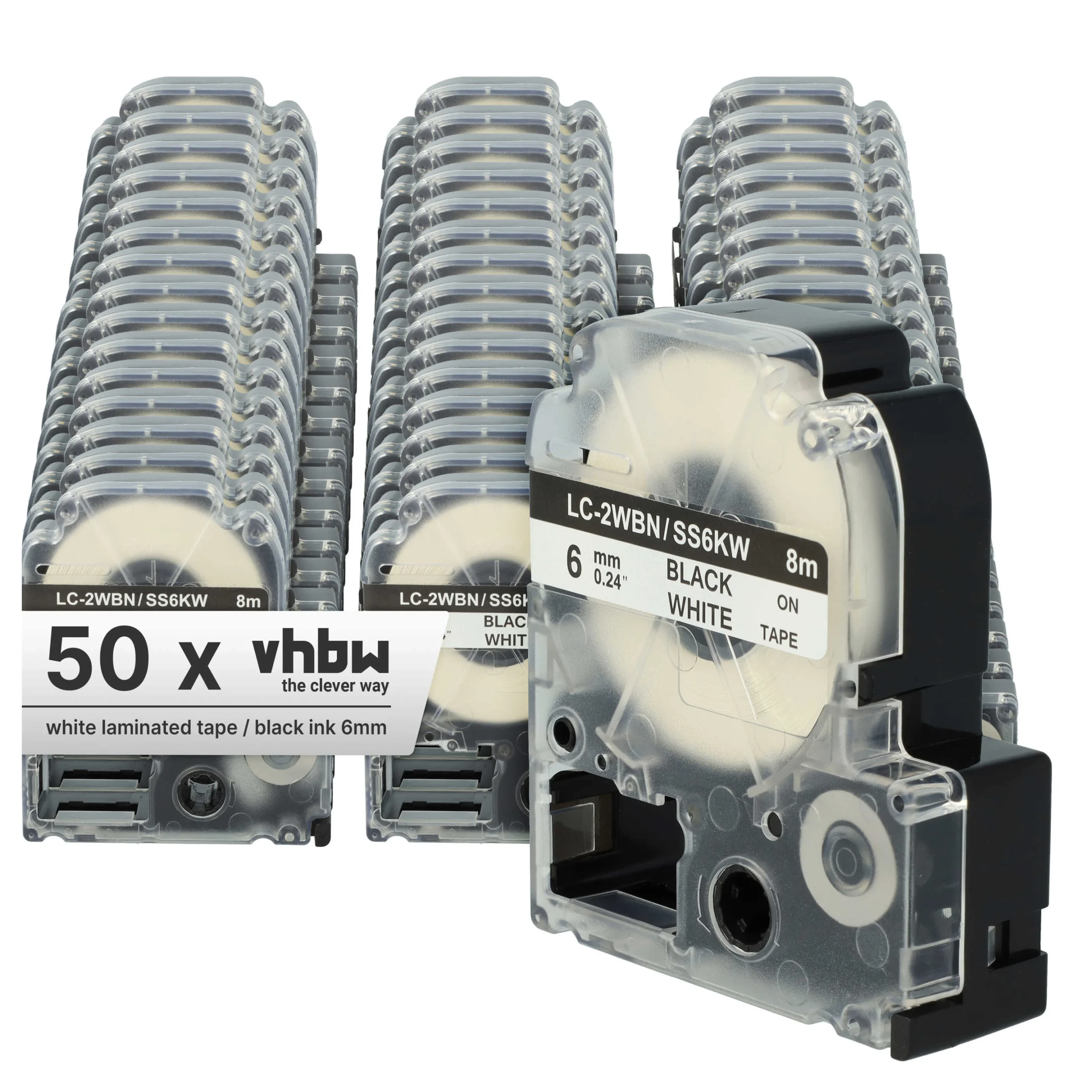 50x Cassettes à ruban remplacent Epson LC-2WBN - 6mm lettrage Noir ruban Blanc, plastique