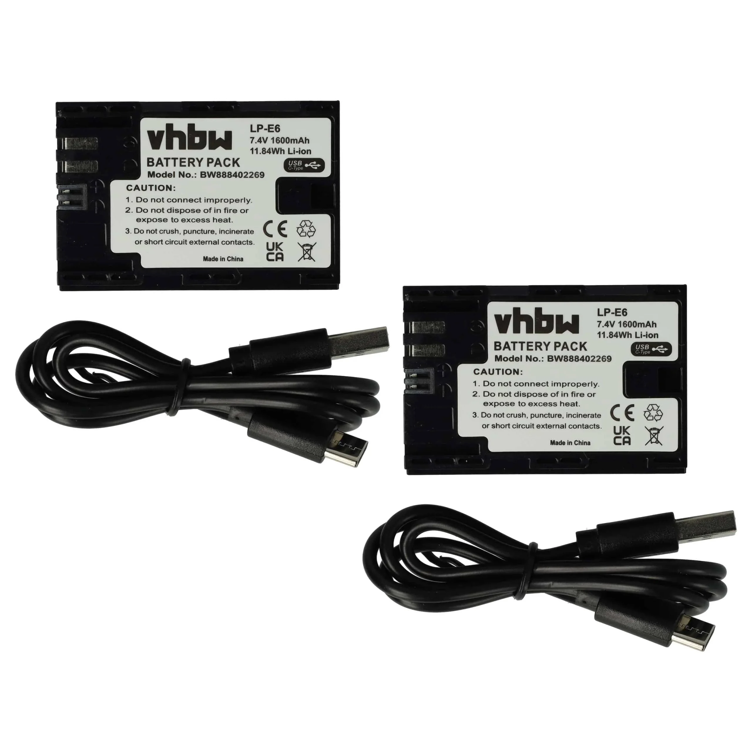 2x Batteries remplace Canon LP-E6 pour appareil photo Blackmagic- 1600mAh 7,4V Li-ion - USB-C