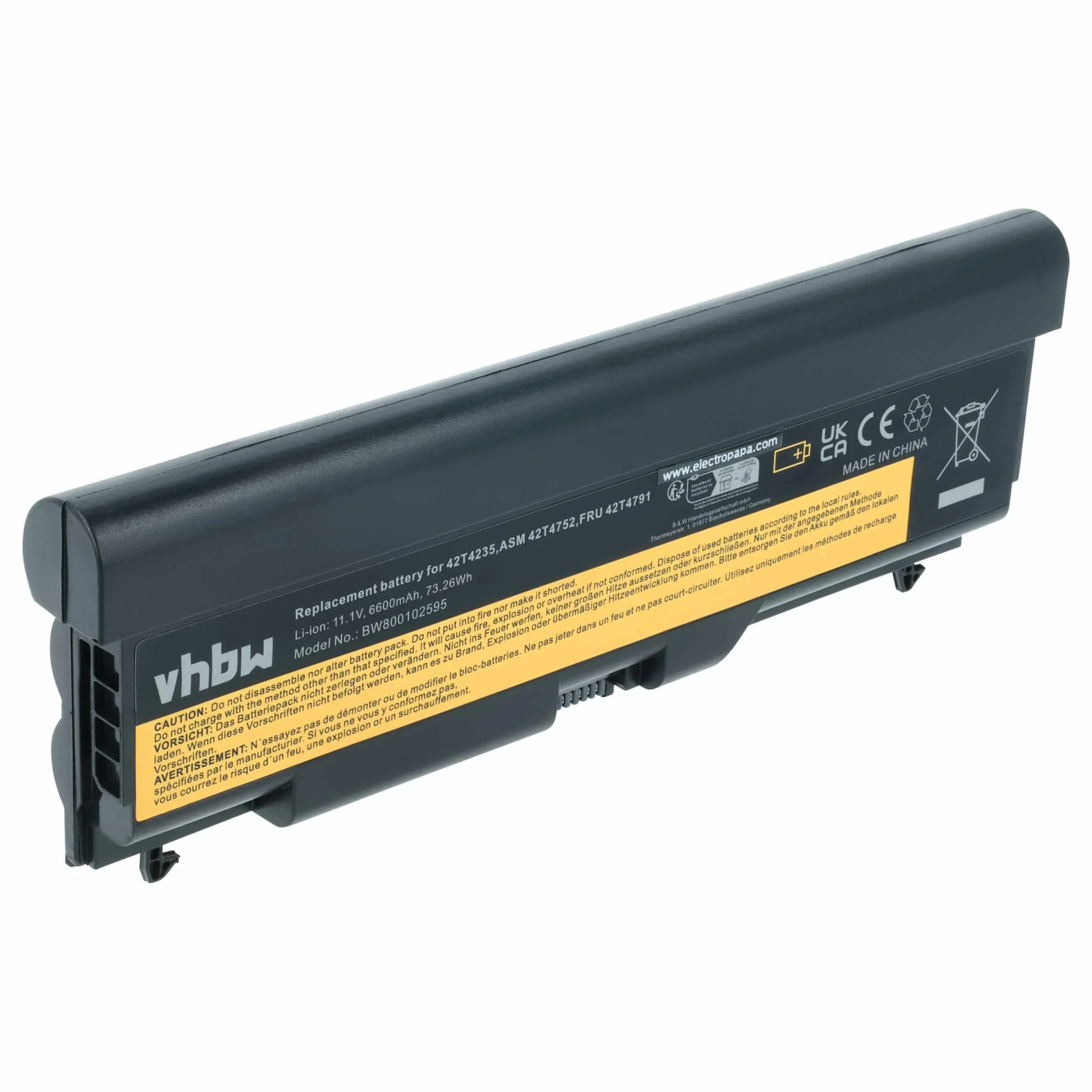 Batterie remplace Lenovo 42T4235, 42T4708, 42T4709 pour ordinateur portable Lenovo- 6600mAh 10,8V Li-ion, noir