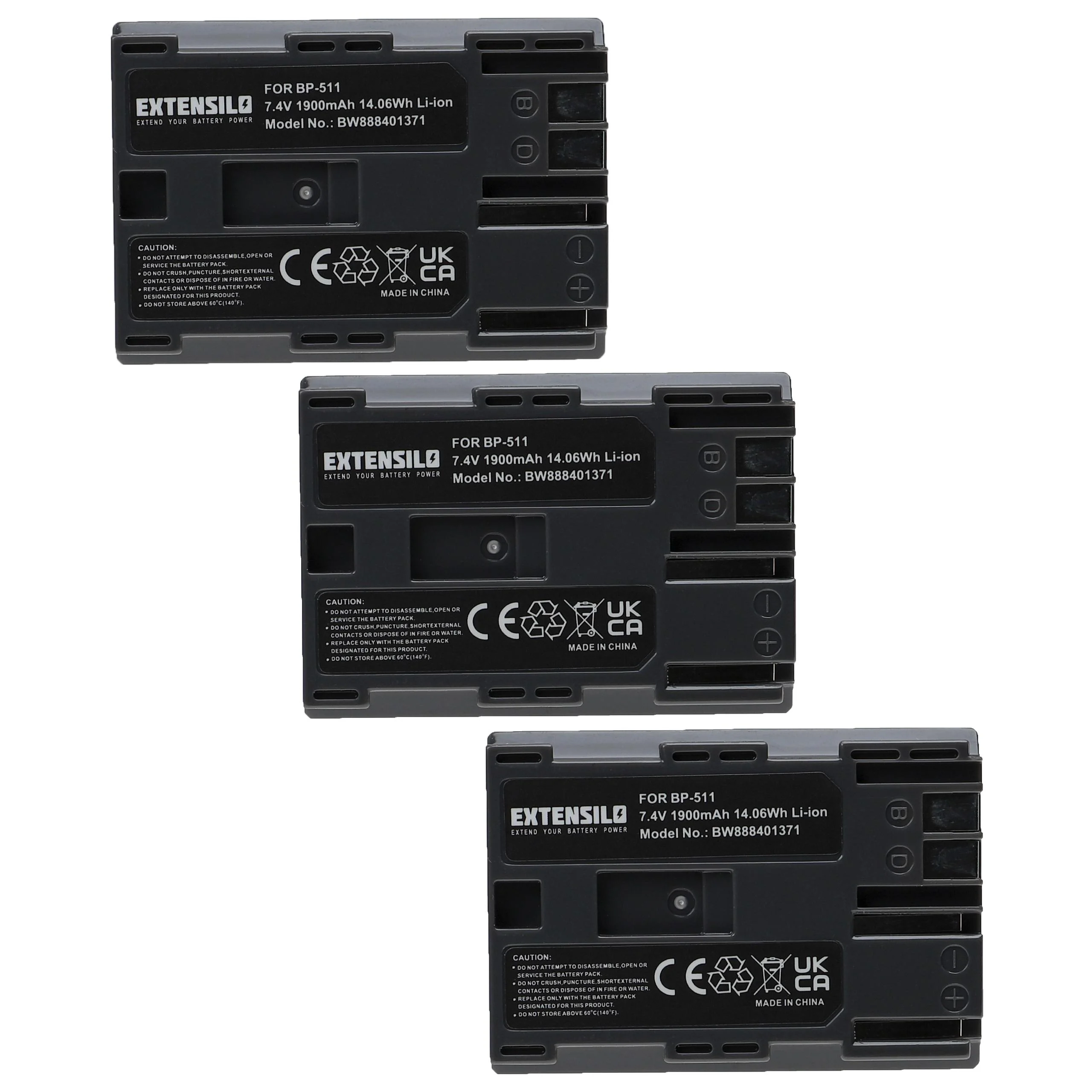 3x Batteries remplace Canon BP-512, BP-511A, BP-511, BP-508 pour appareil photo Canon- 1900mAh 7,4V Li-ion