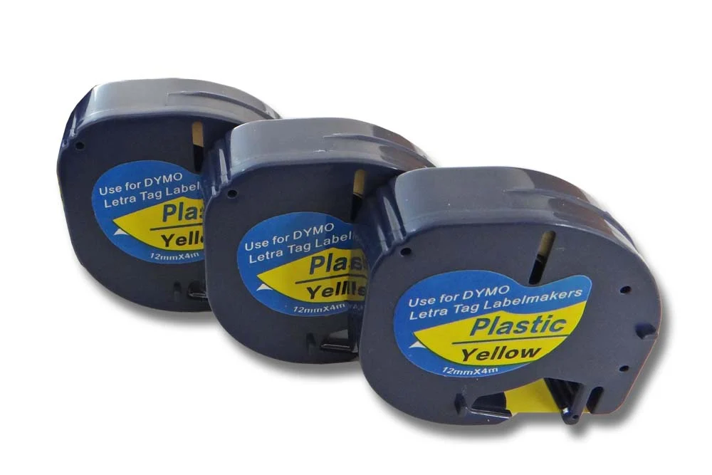 3x Cassettes à ruban remplacent Dymo 91202 - 12mm lettrage Noir ruban Jaune, plastique