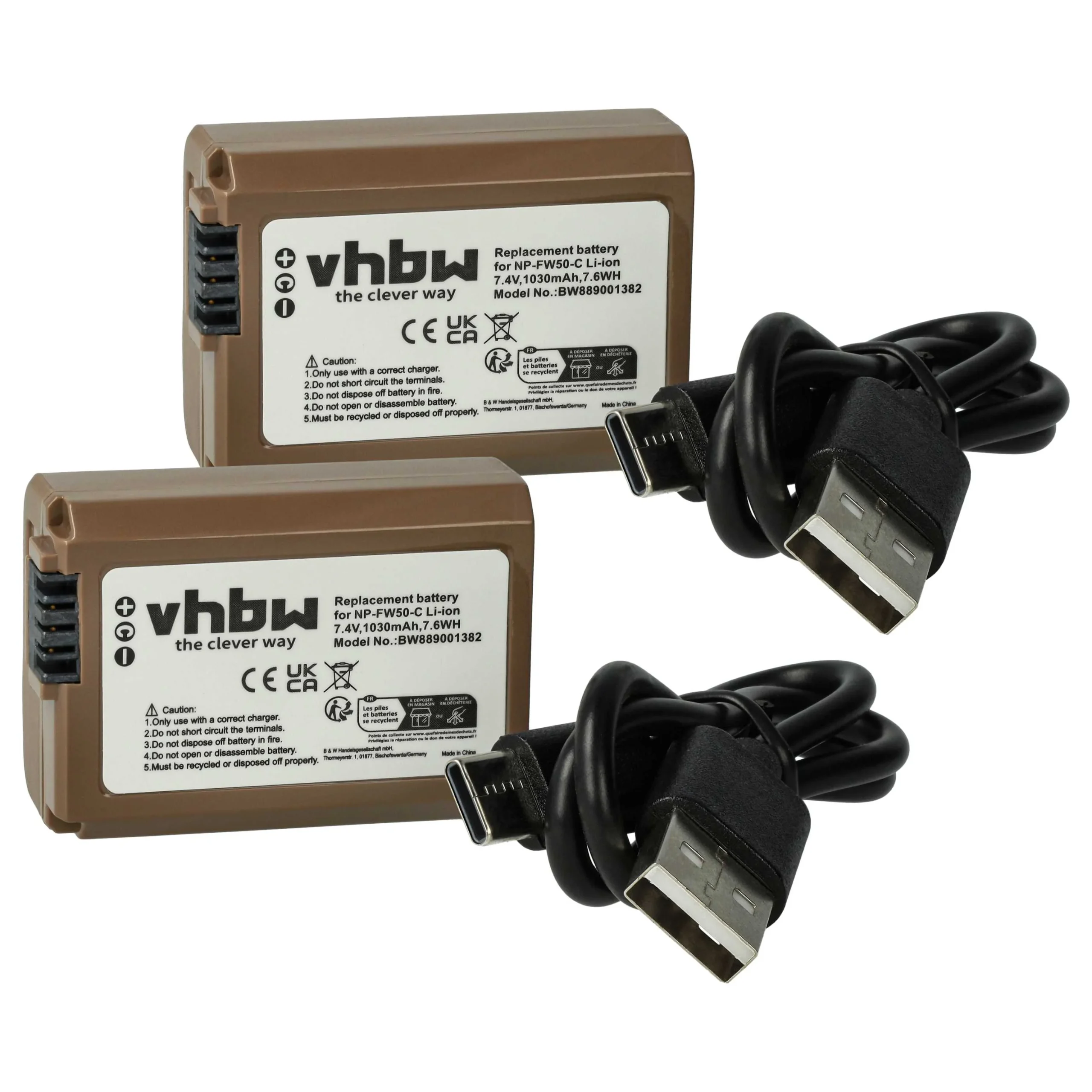 2x Batteries remplace Sony NP-FW50 pour appareil photo Sony- 1030mAh 7,4V Li-ion - USB-C