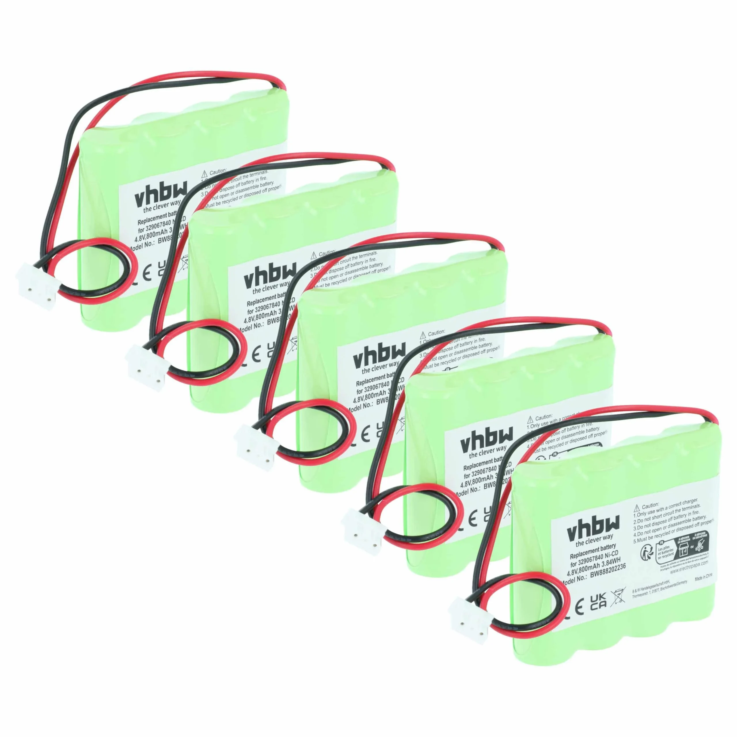 5x Batteries remplace Schneider 4BD-AA800BT, 329067840 pour éclairage de secours Schneider - 800mAh 4,8V NiCd