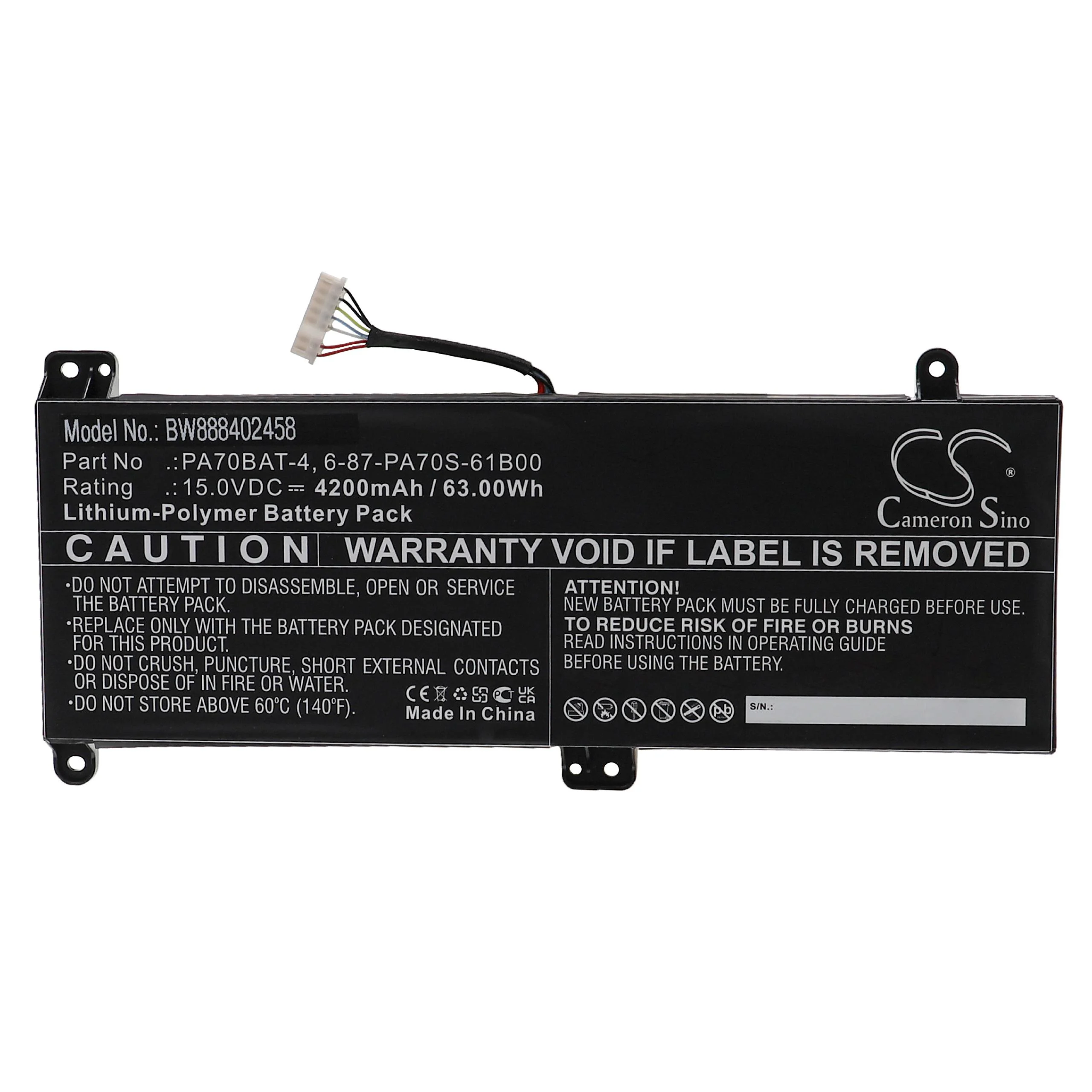 Batterie remplace Clevo PA70BAT-4, 6-87-PA70S-61B00 pour ordinateur portable Hasee- 4200mAh 15V Li-polymère